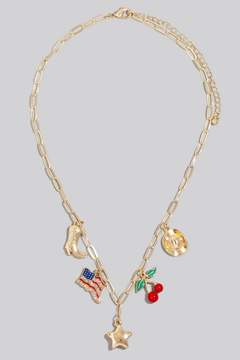 Western Star Flag And Cherry Charms Chain Necklace