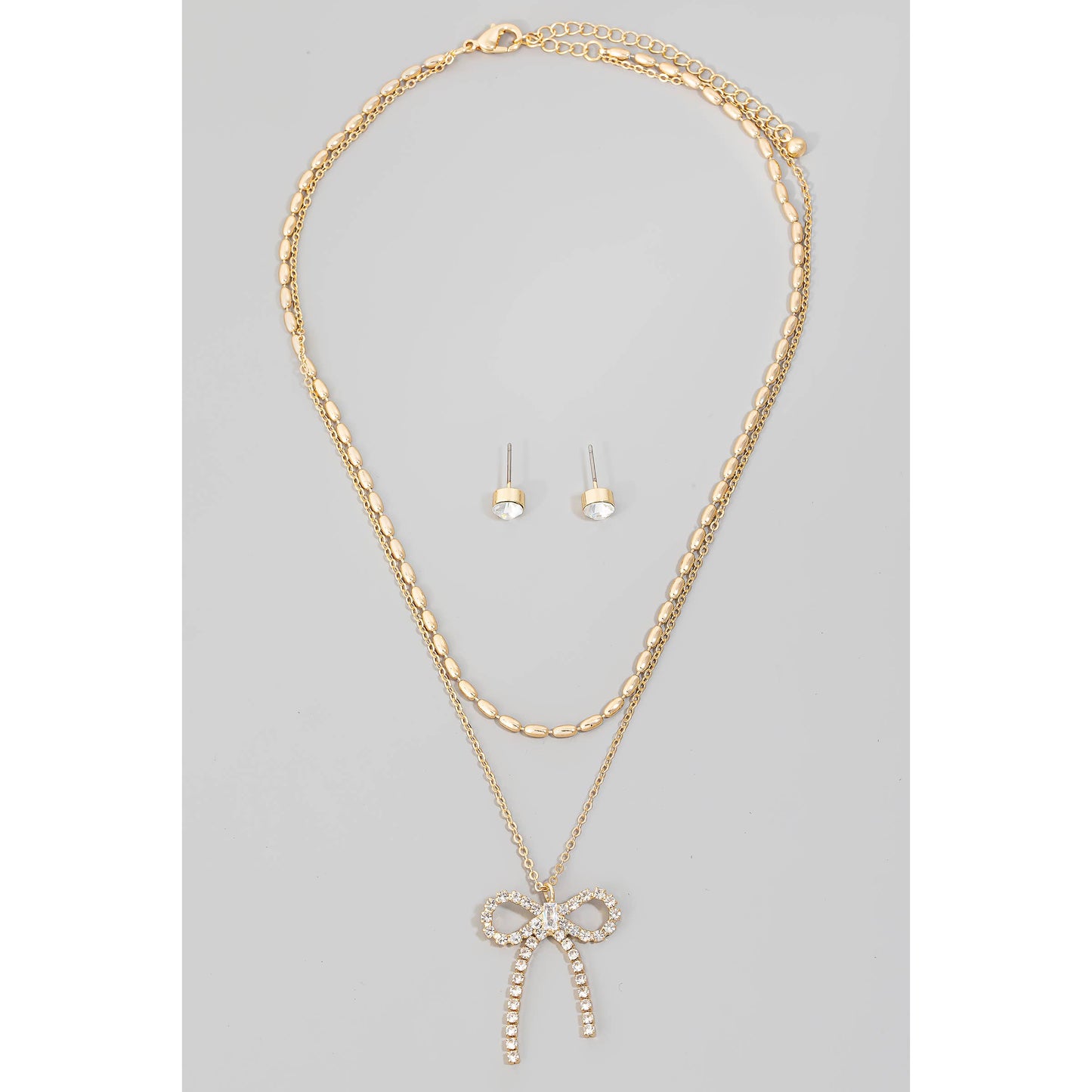 Pave Ribbon Bow Pendant Layered Necklace Set