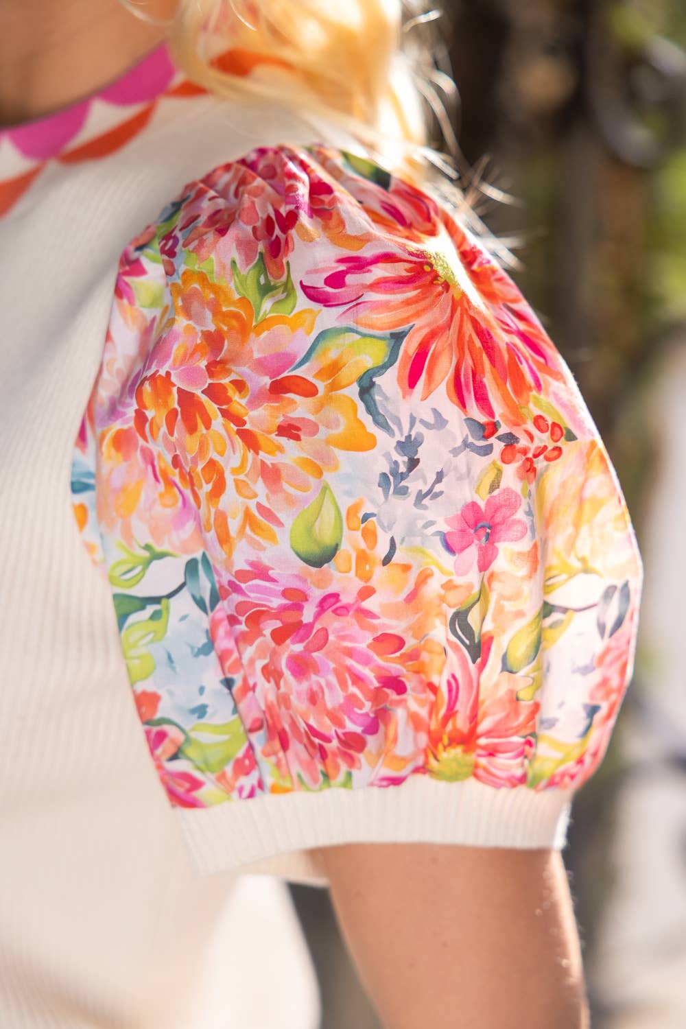 Floral Contrast Sleeve Solid Ribbed Knit Top