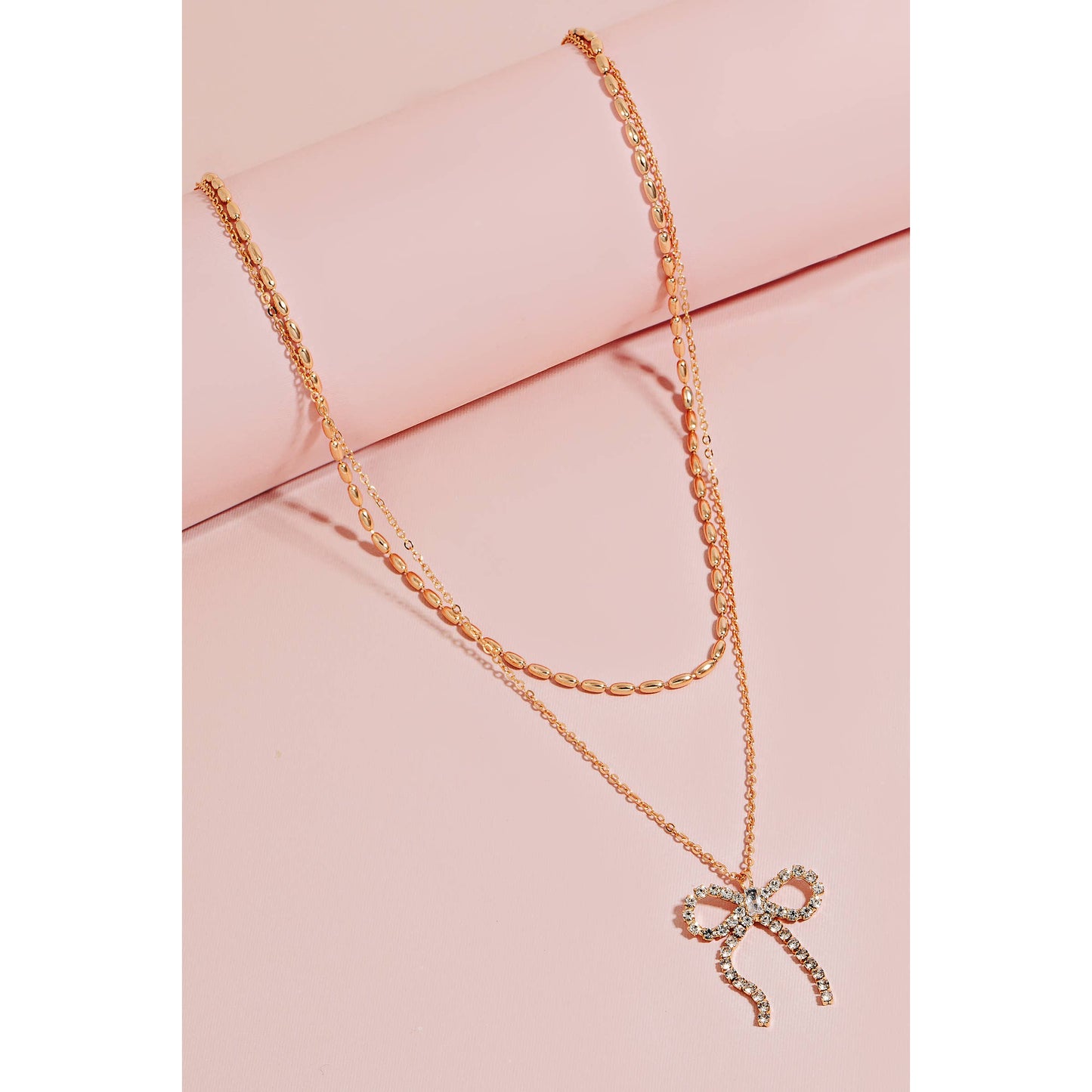 Pave Ribbon Bow Pendant Layered Necklace Set