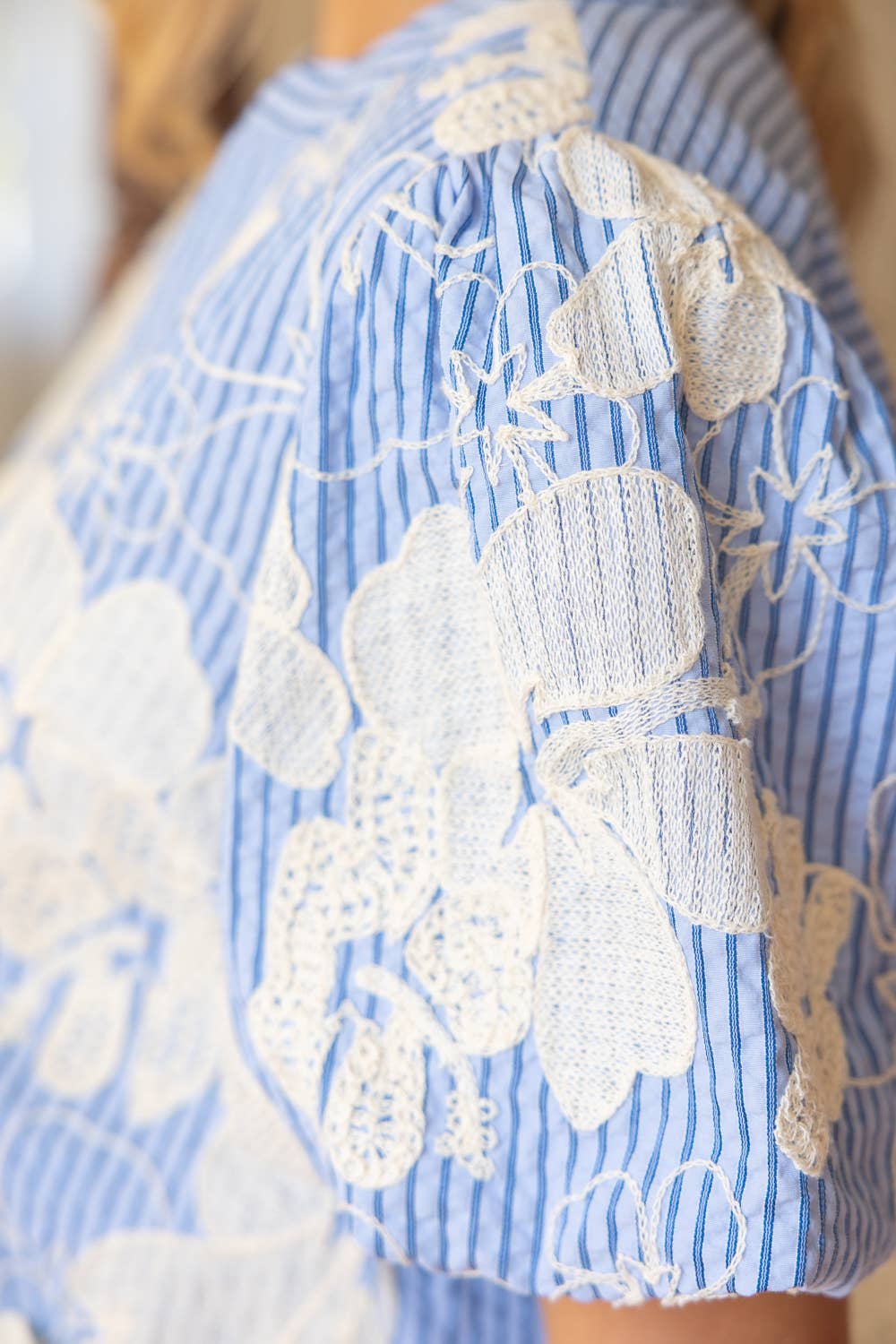 Floral Embroidered Cover Button Down Stripe Top