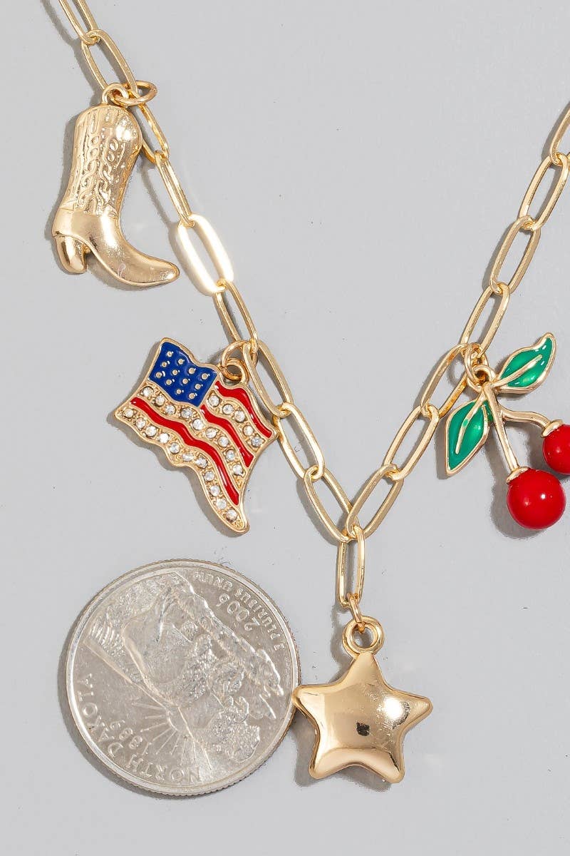Western Star Flag And Cherry Charms Chain Necklace