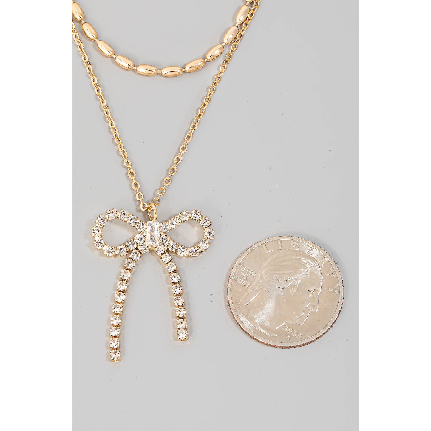 Pave Ribbon Bow Pendant Layered Necklace Set