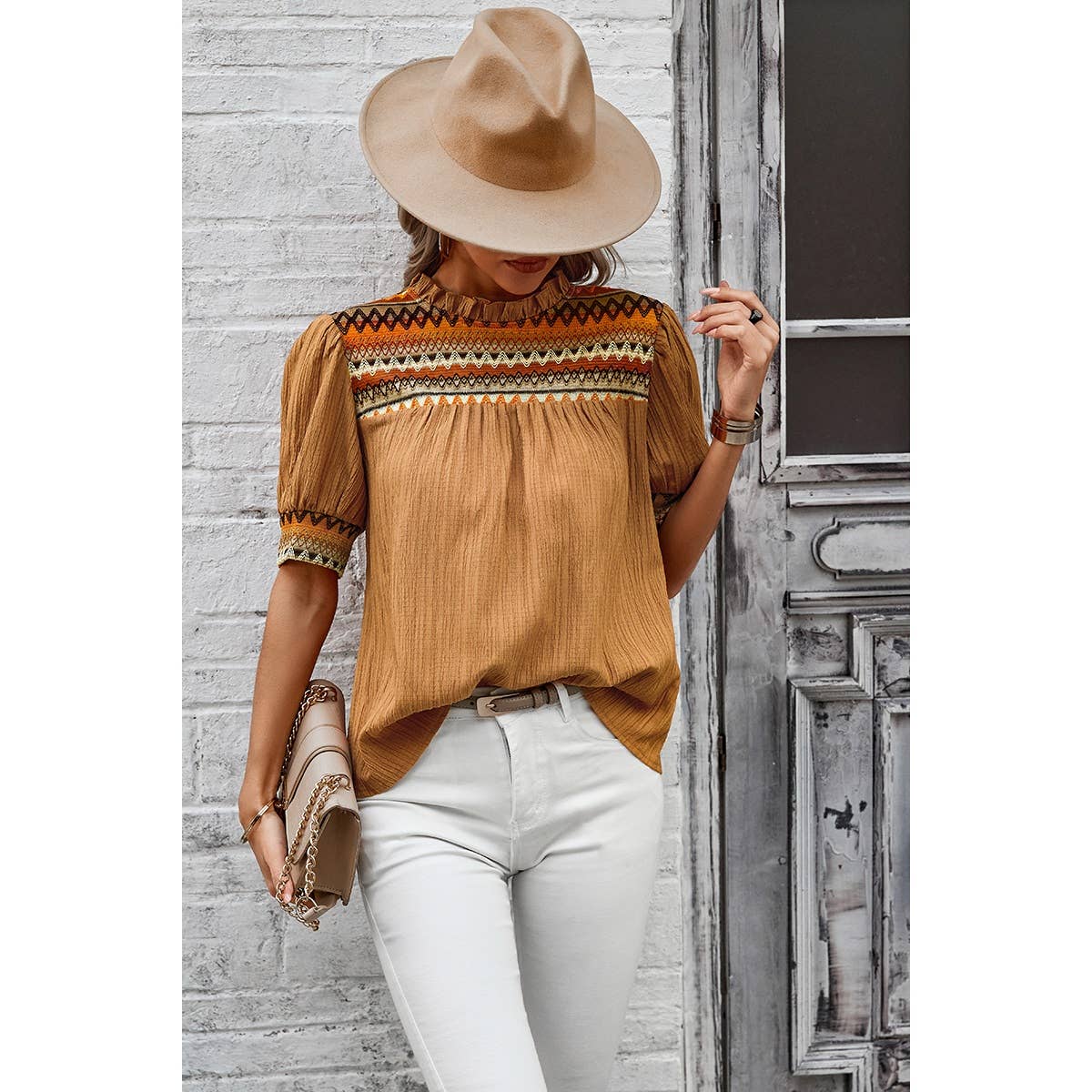 Strip Ruched Puff Sleeves Top