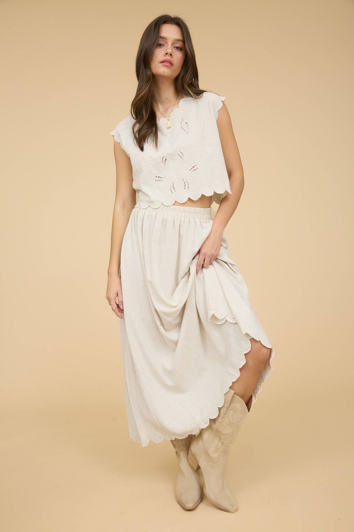 HIGH WAIST SCALLOP HEM MIDI SKIRT (PRE-ORDER)