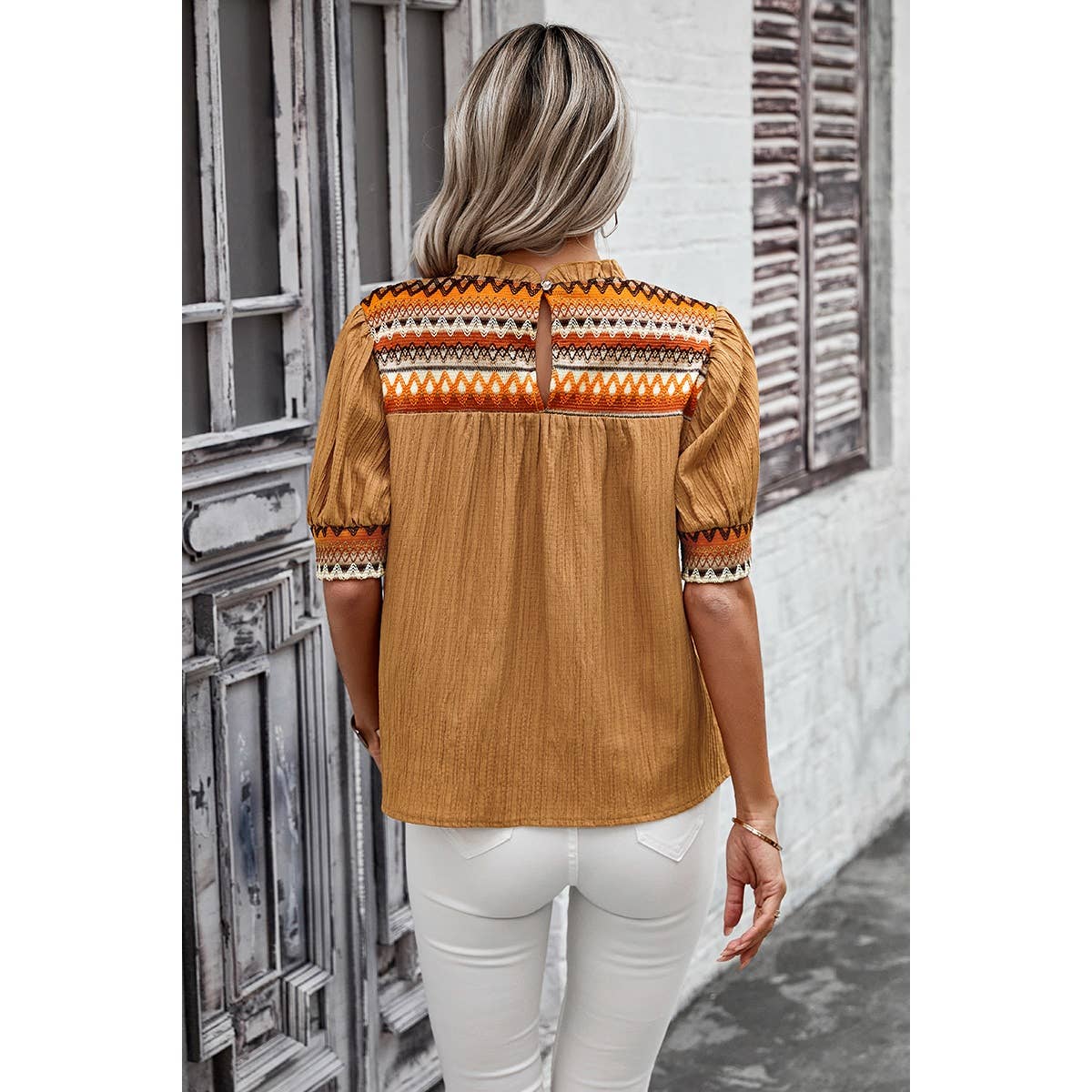 Strip Ruched Puff Sleeves Top