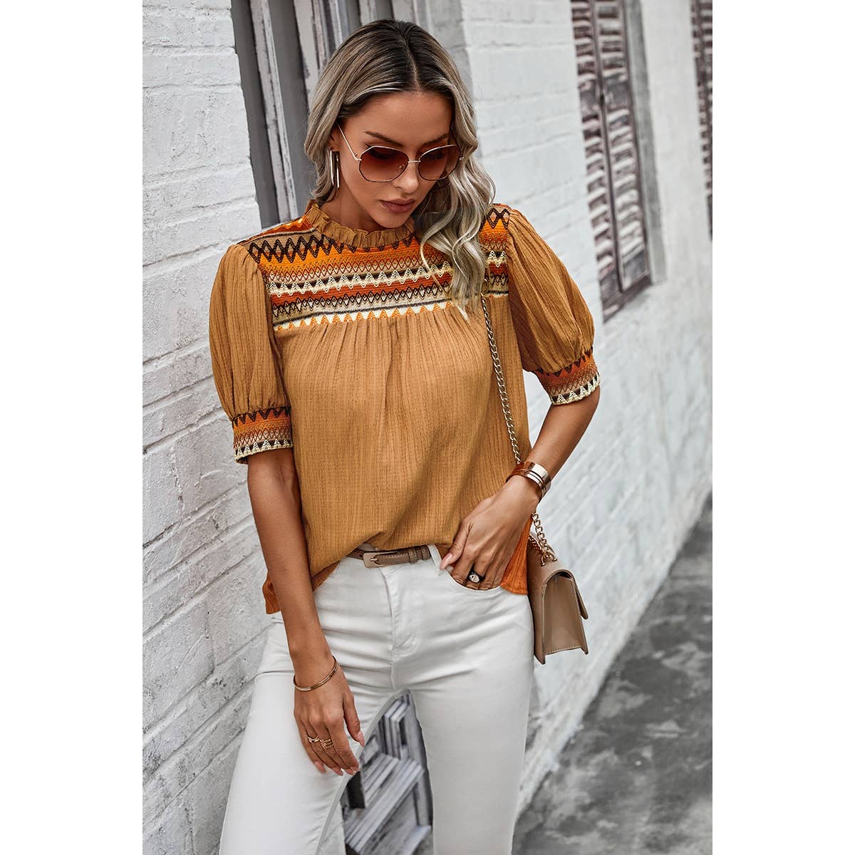 Strip Ruched Puff Sleeves Top
