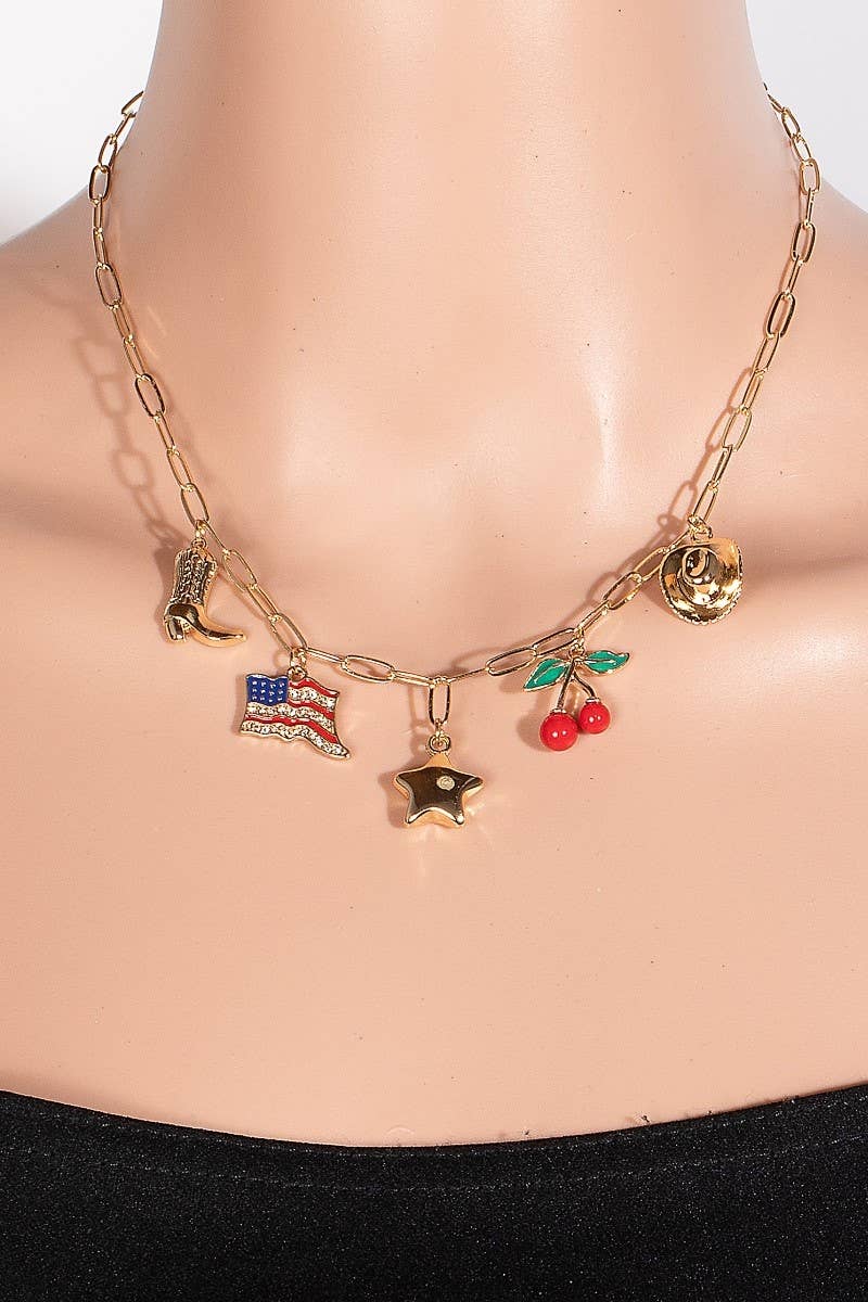Western Star Flag And Cherry Charms Chain Necklace