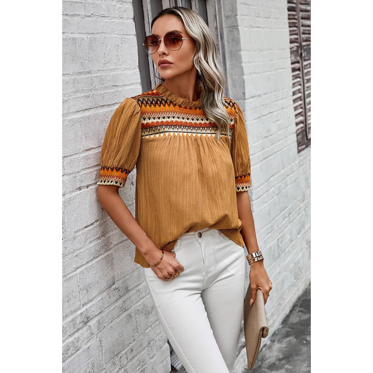 Strip Ruched Puff Sleeves Top