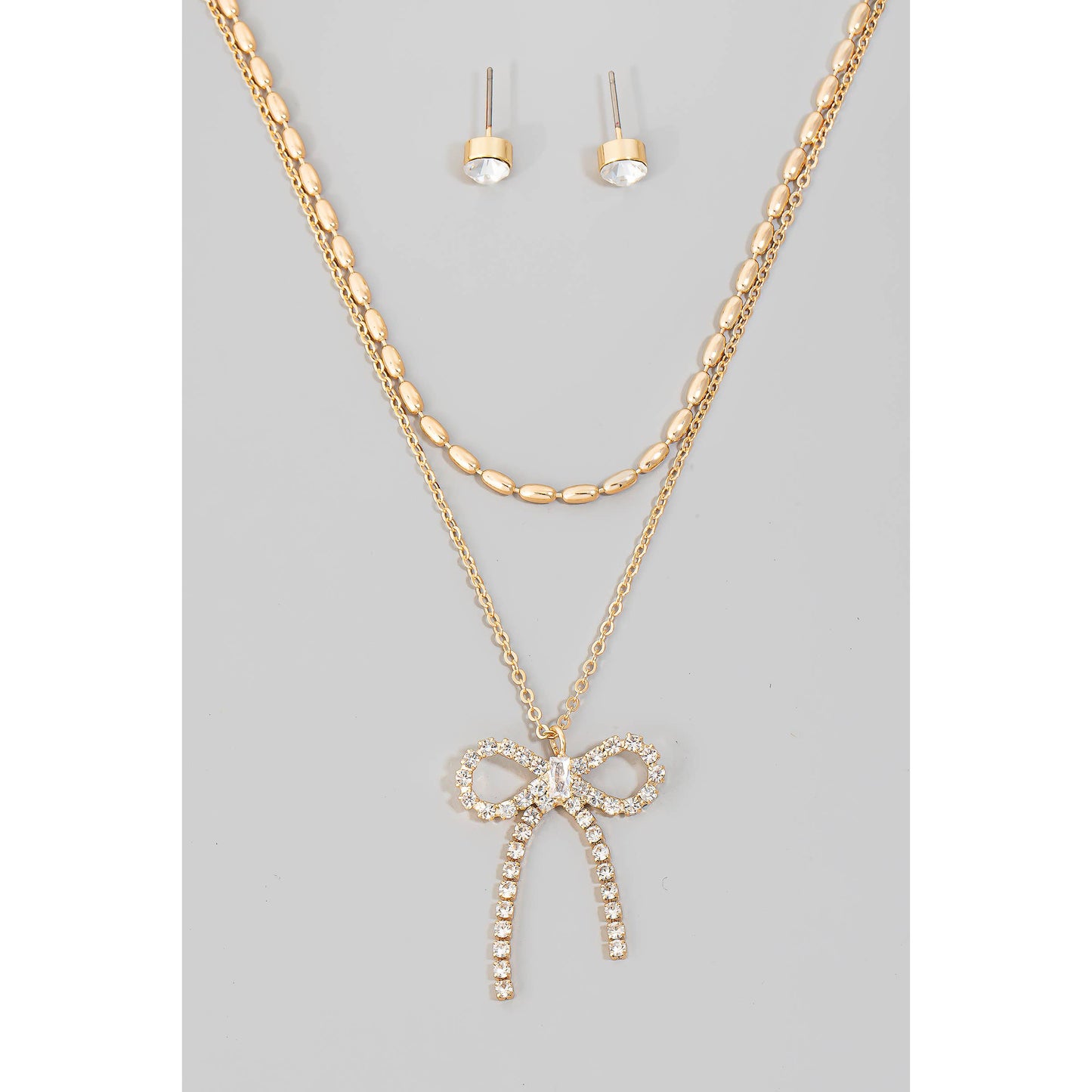 Pave Ribbon Bow Pendant Layered Necklace Set