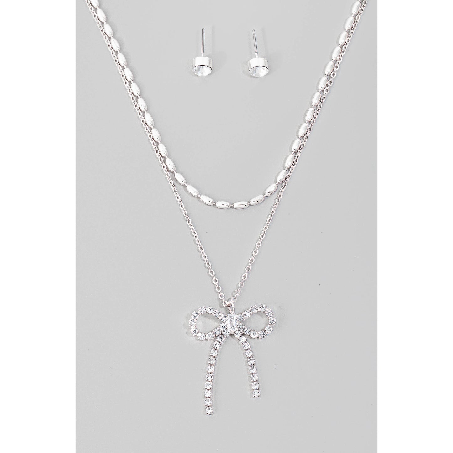 Pave Ribbon Bow Pendant Layered Necklace Set