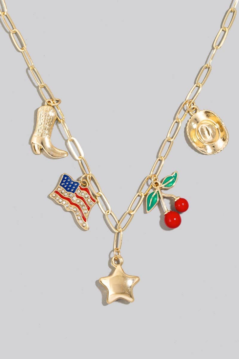 Western Star Flag And Cherry Charms Chain Necklace
