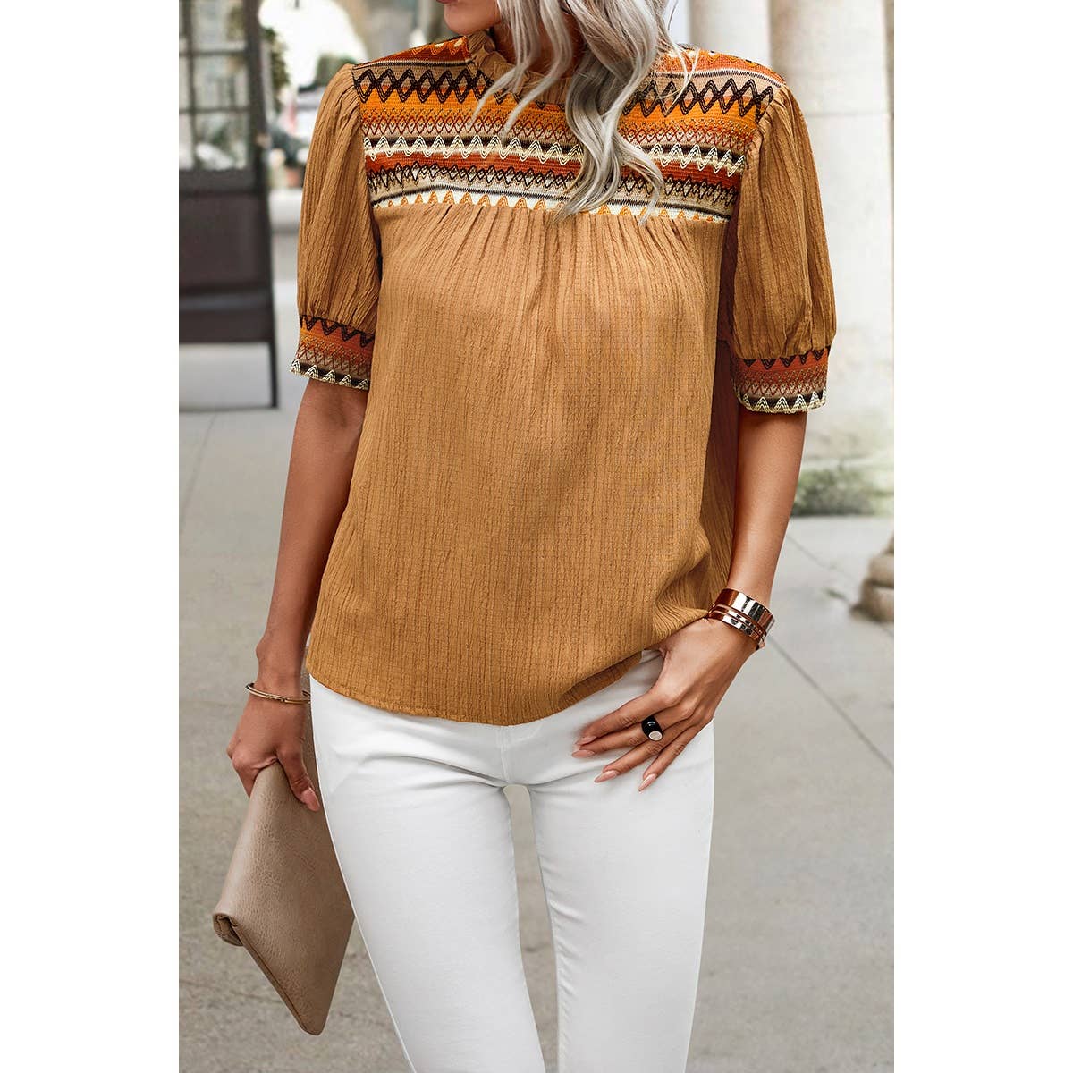 Strip Ruched Puff Sleeves Top