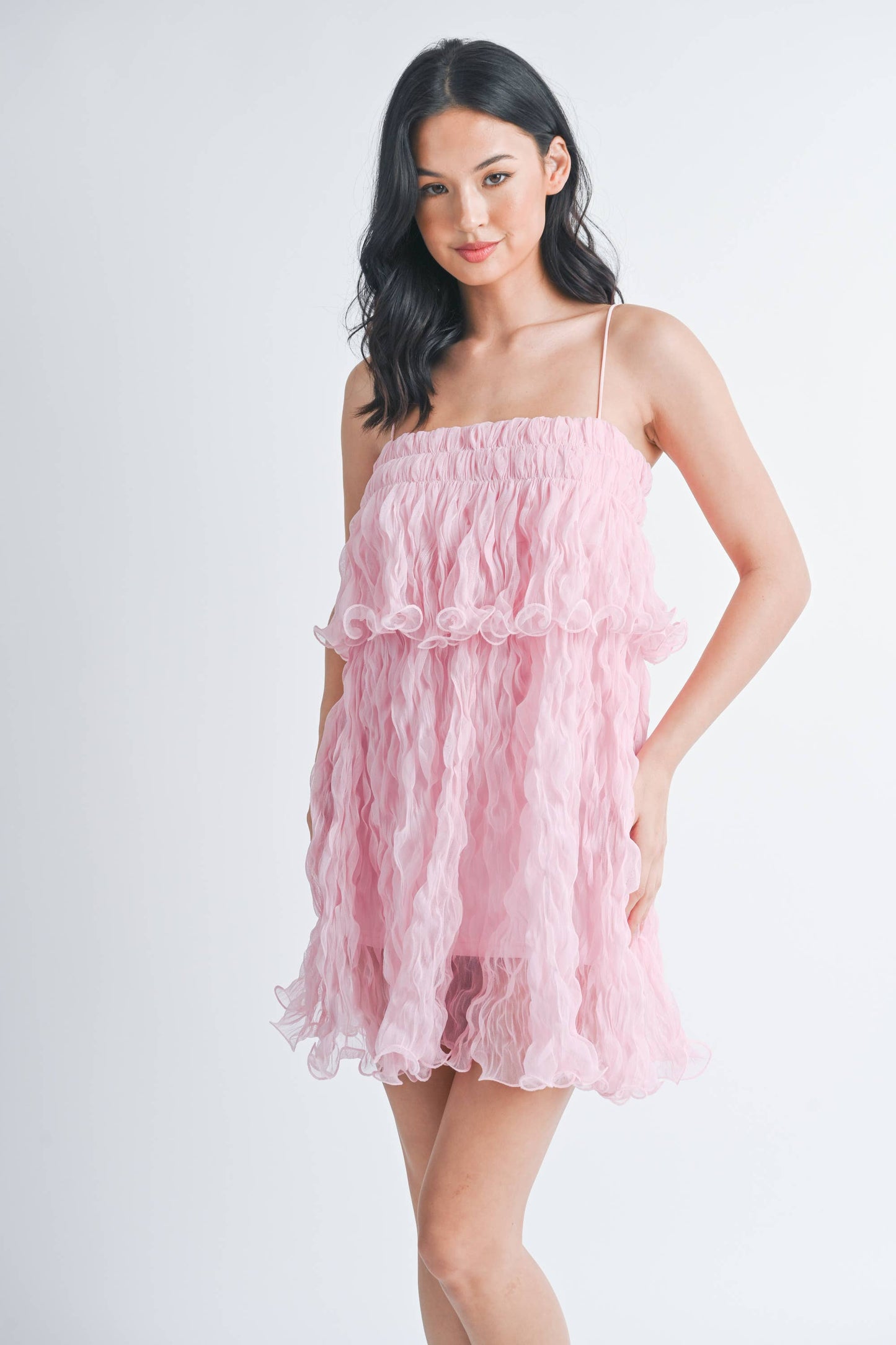 ID7877 PLEATED TULLE RUFFLED TIERED MINI DRESS