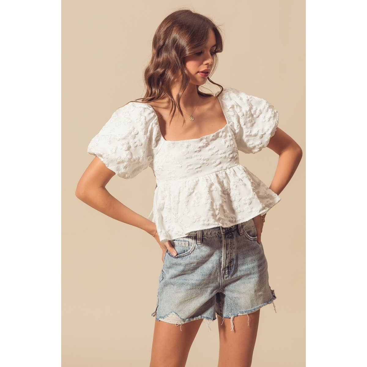 FLOWER JACQUARD BABYDOLL CROP TOP WITH TIE BACK