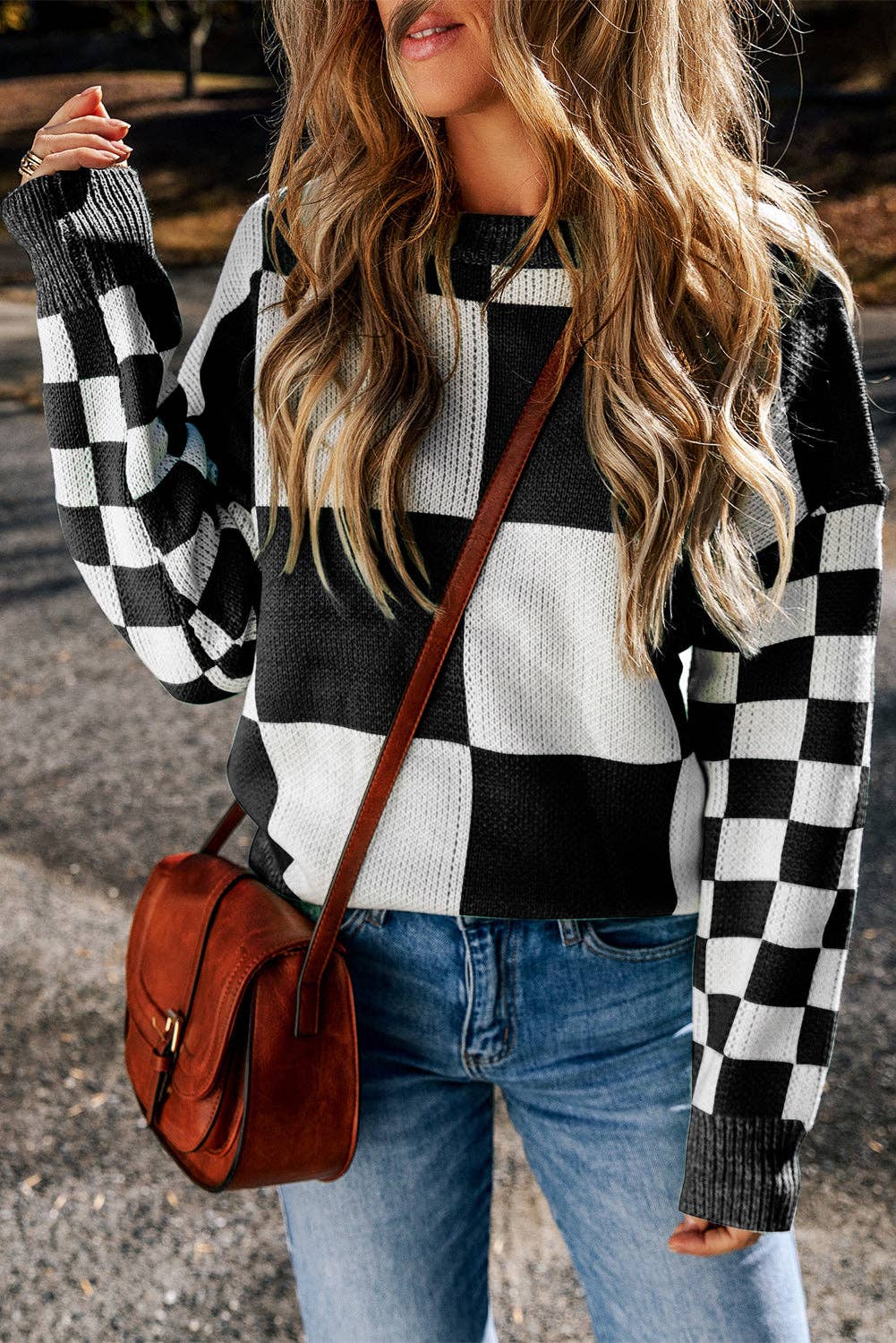 Checker Patchwork Ribbed Trim Sweater