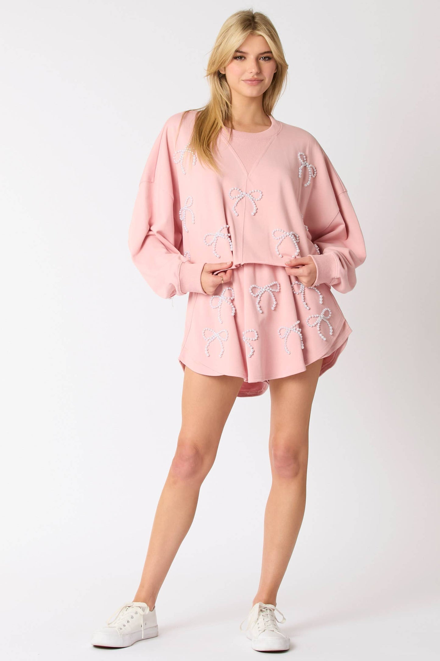 Pearl Bow Embellished Cropped Sweatshirt