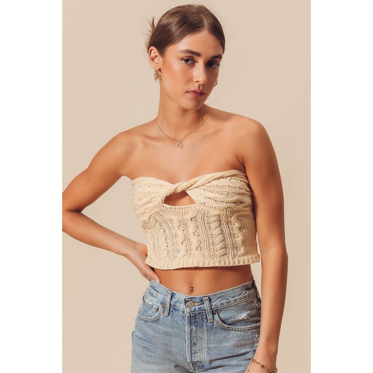 TWISTED FRONT CABLE KNIT CROCHET SUMMER TUBE TOP