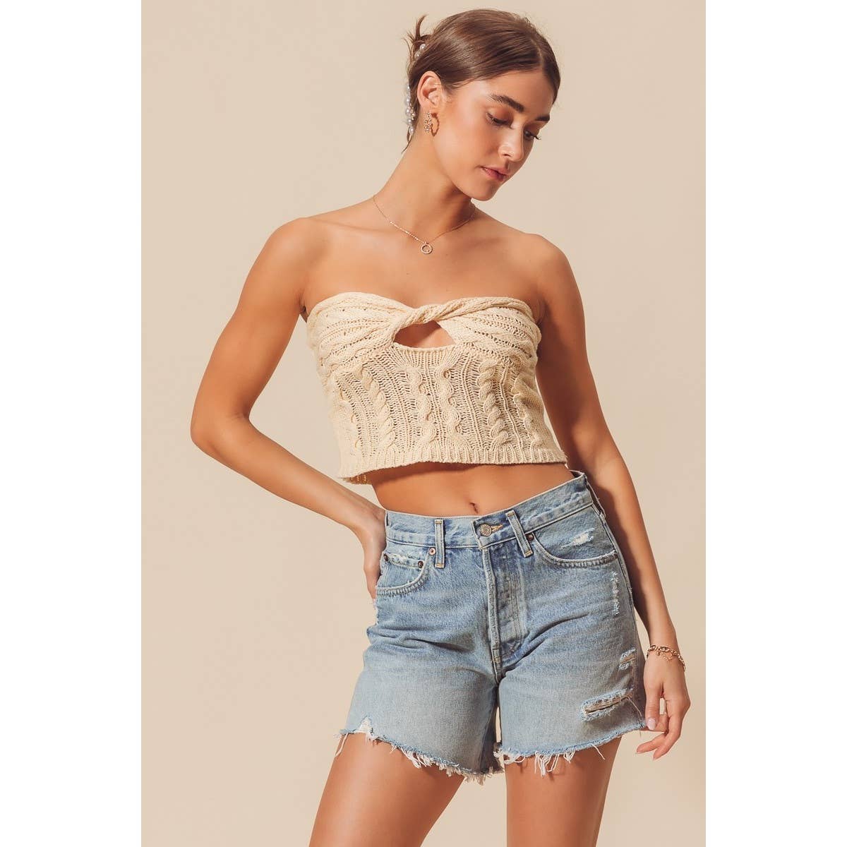 TWISTED FRONT CABLE KNIT CROCHET SUMMER TUBE TOP