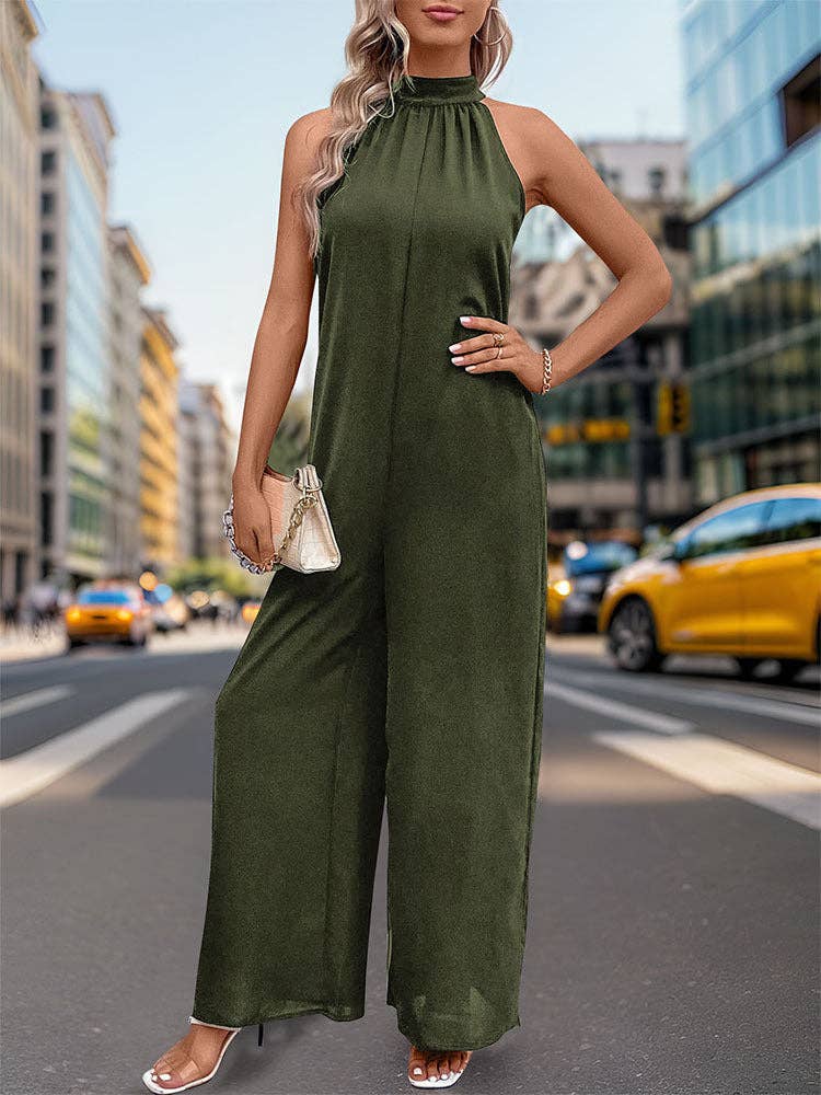 Women's Neck Solid Color Straight Jumpsuit