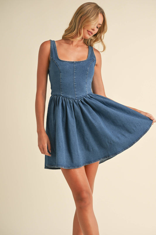 ID8595 DENIM BACK BOW CHEVRON WAIST FLARED MINI DRESS