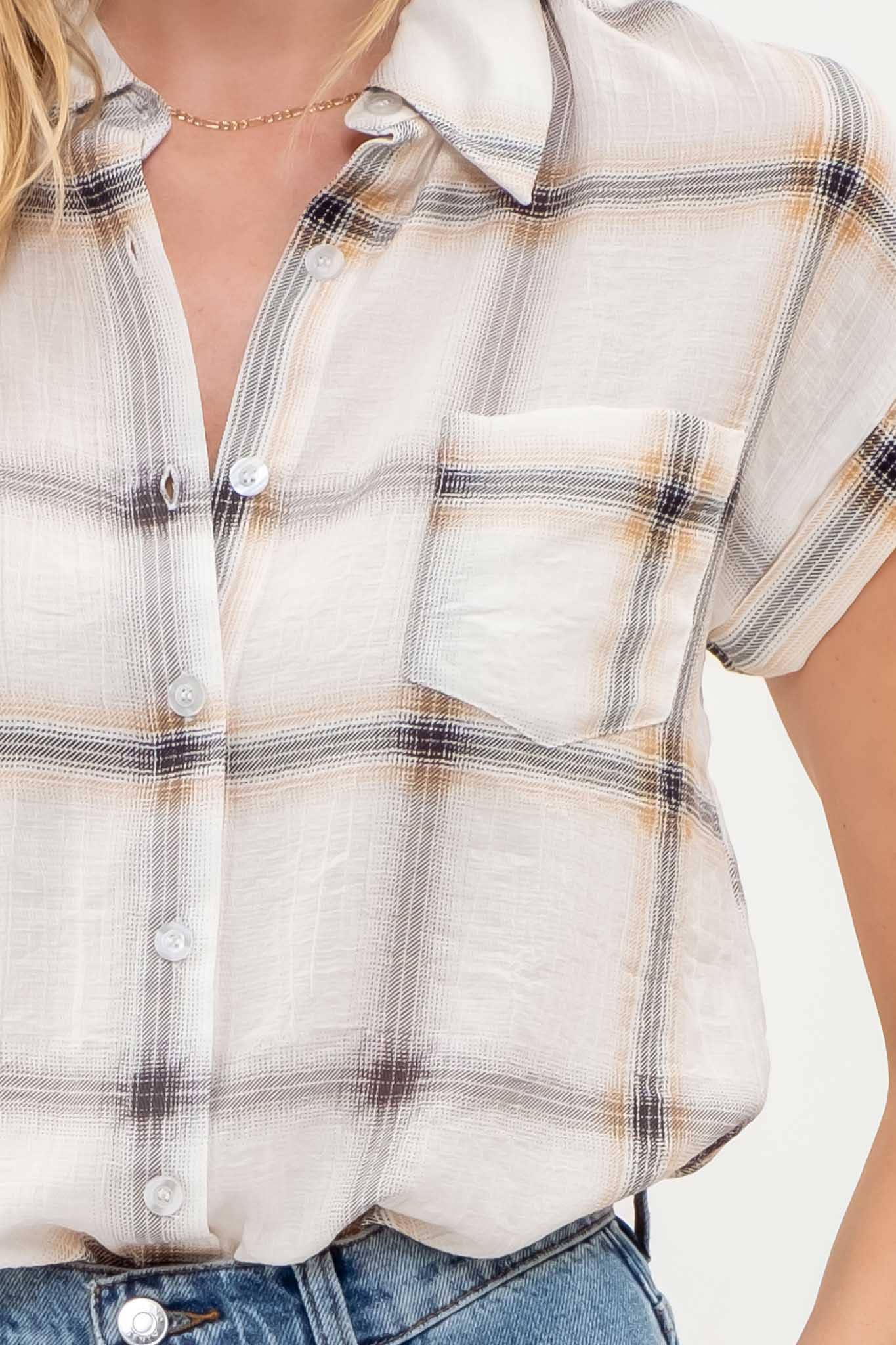 PLAID BUTTON DOWN COLLARED SHORT FOLD SLEEVE SHIRT