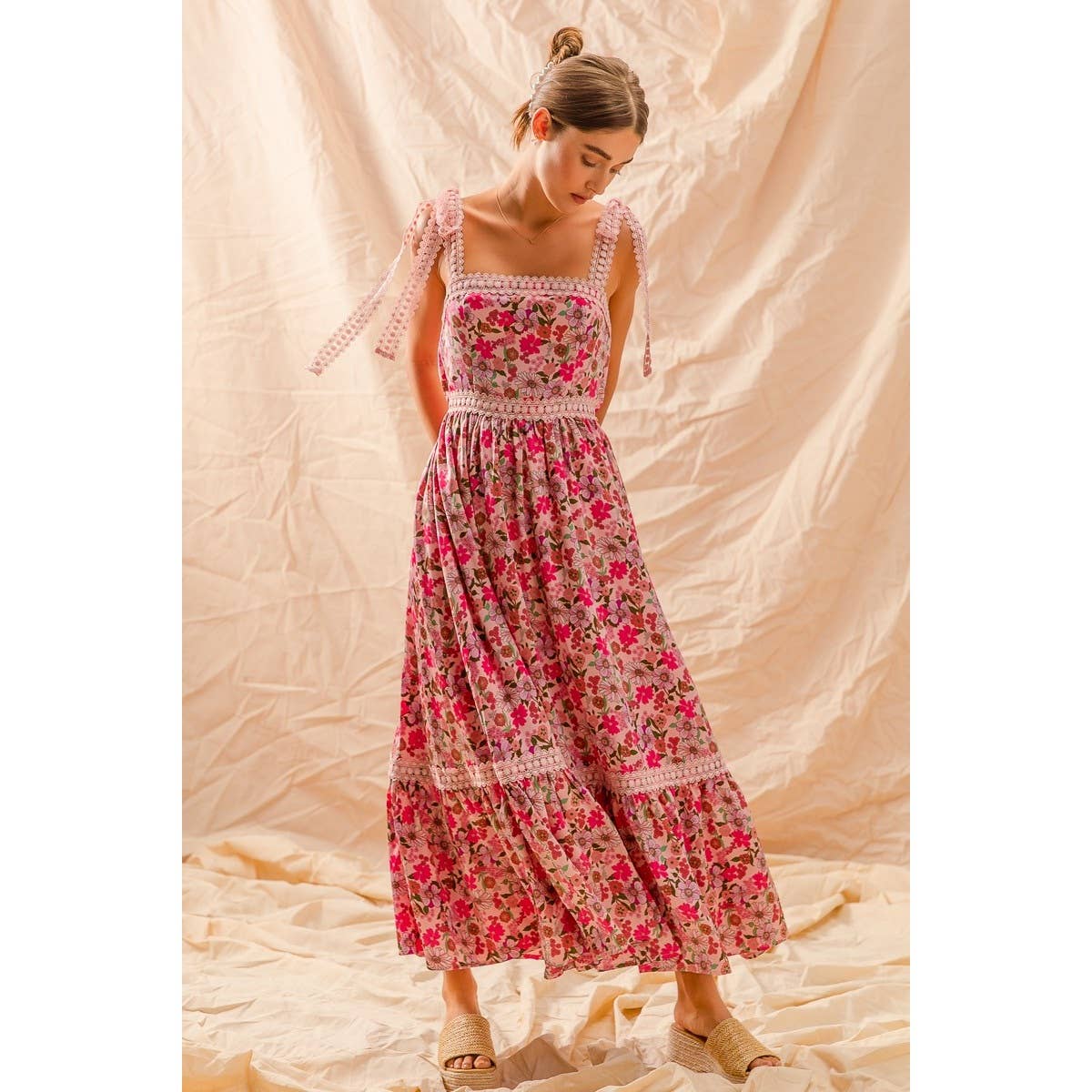 FLORAL MAXI DRESS WITH RIBBON TIE LACE STRAP