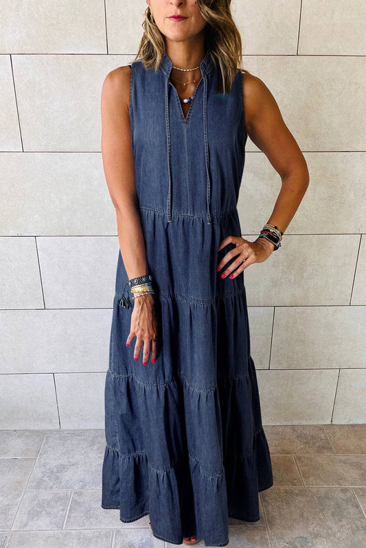 Solid Color Sleeveless Tiered Chambray Maxi Dress