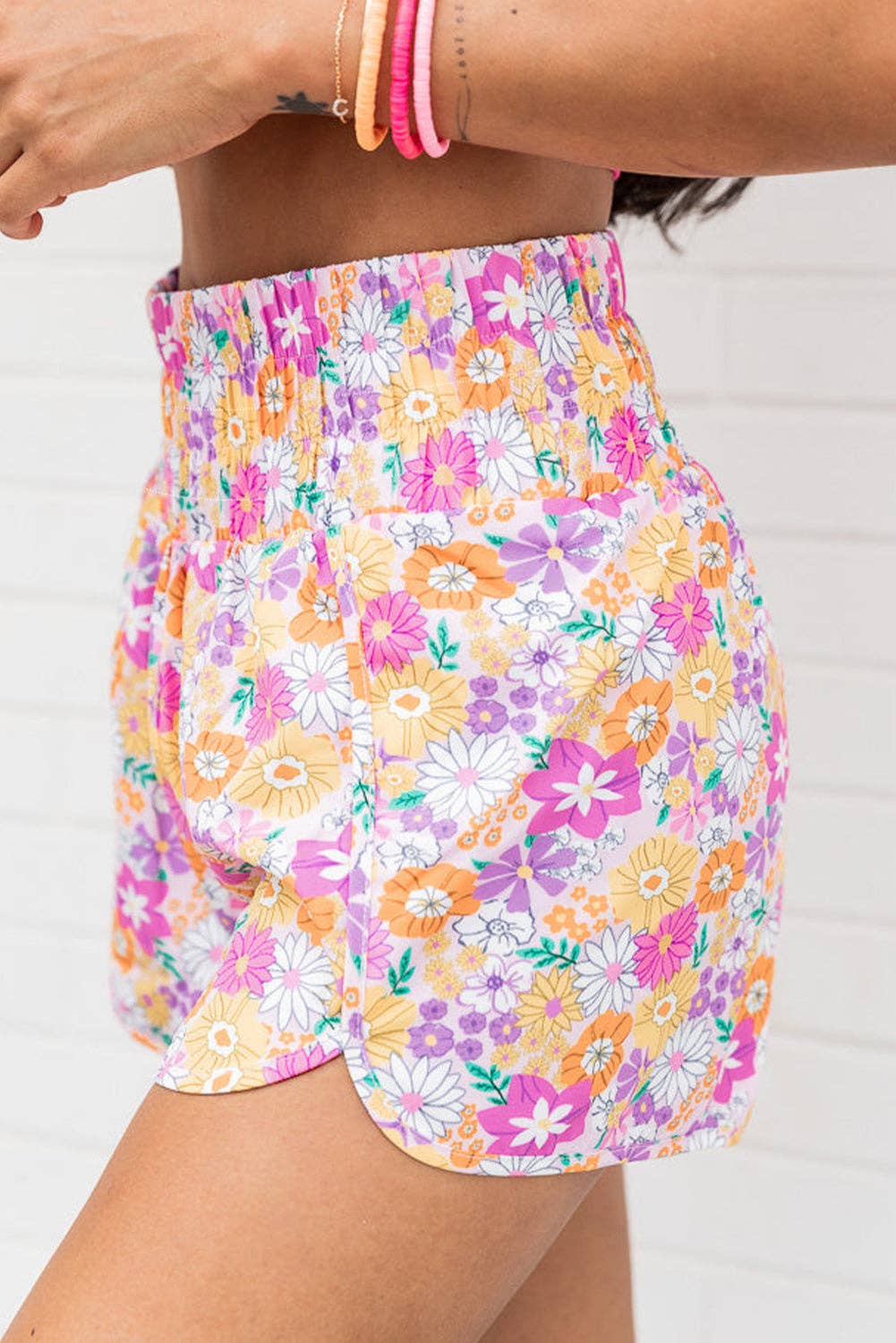 Women's Boho Floral Shirred High Waist Casual Shorts