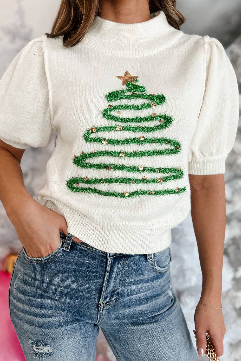 Christmas Tree Tinsel Puff Sleeve Sweater