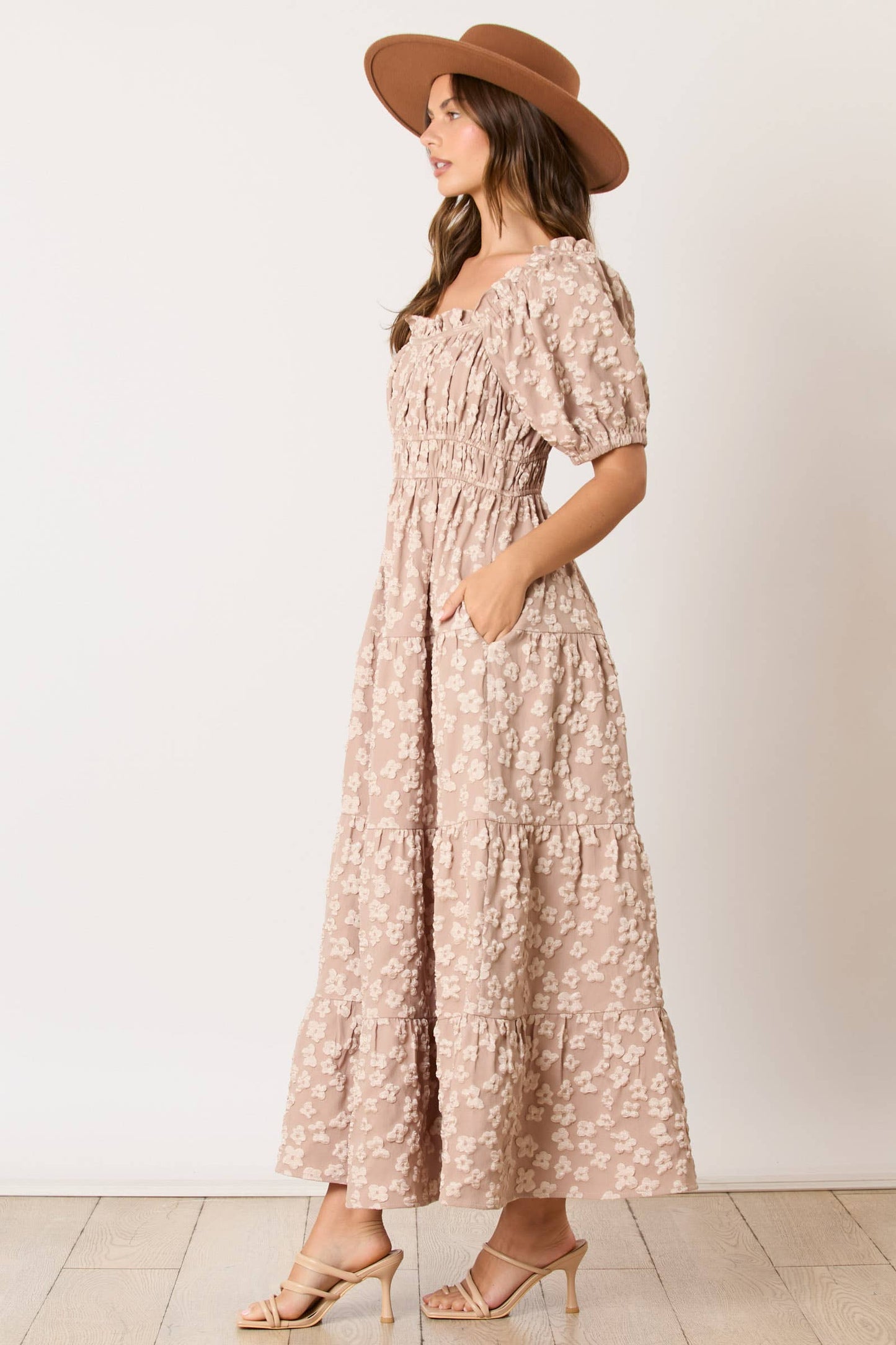 Golden Jacquard Ruffle Detail Maxi Dress - Preorders