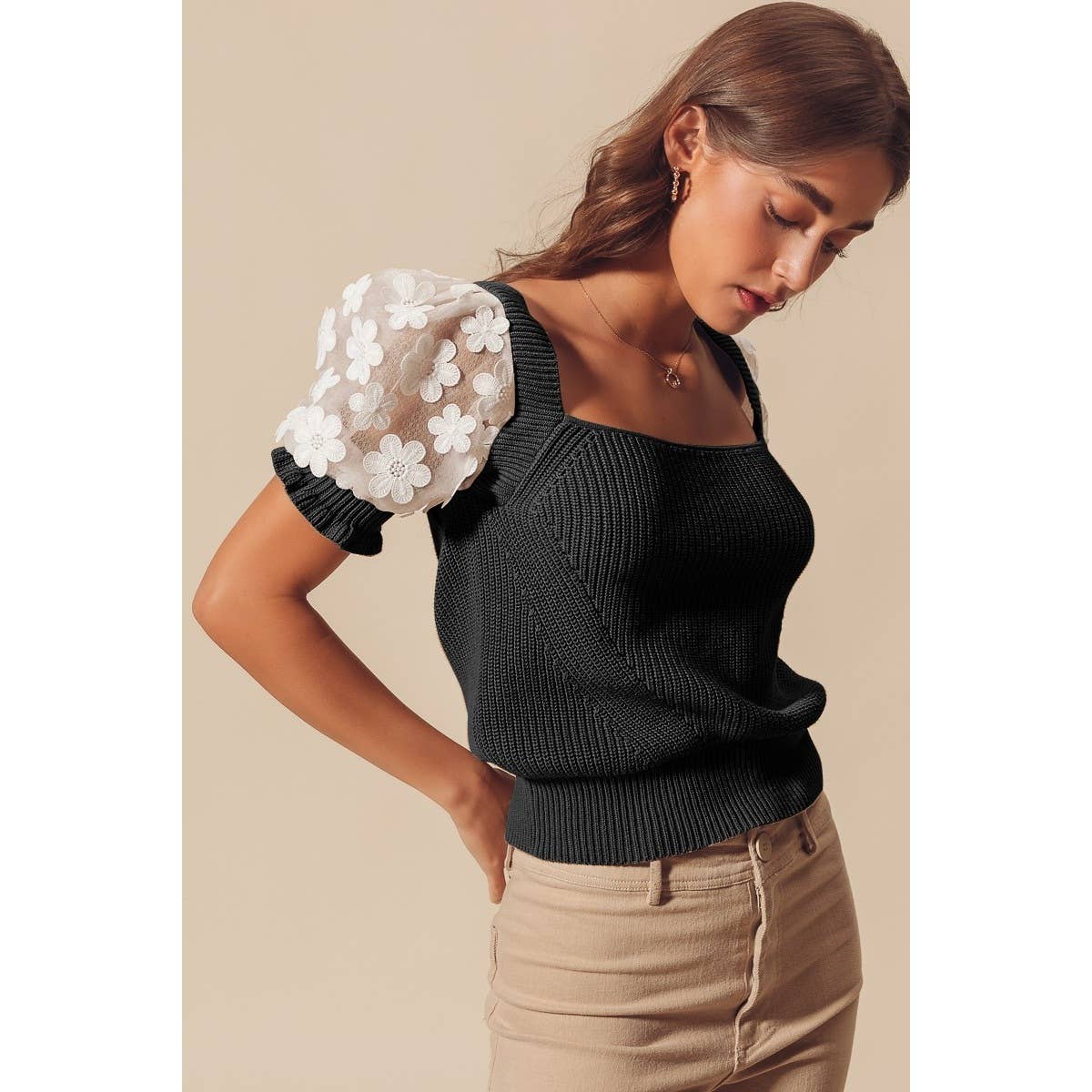 FLORAL LACE PUFF SLEEVE SQUARE NECK KNIT SWEATER