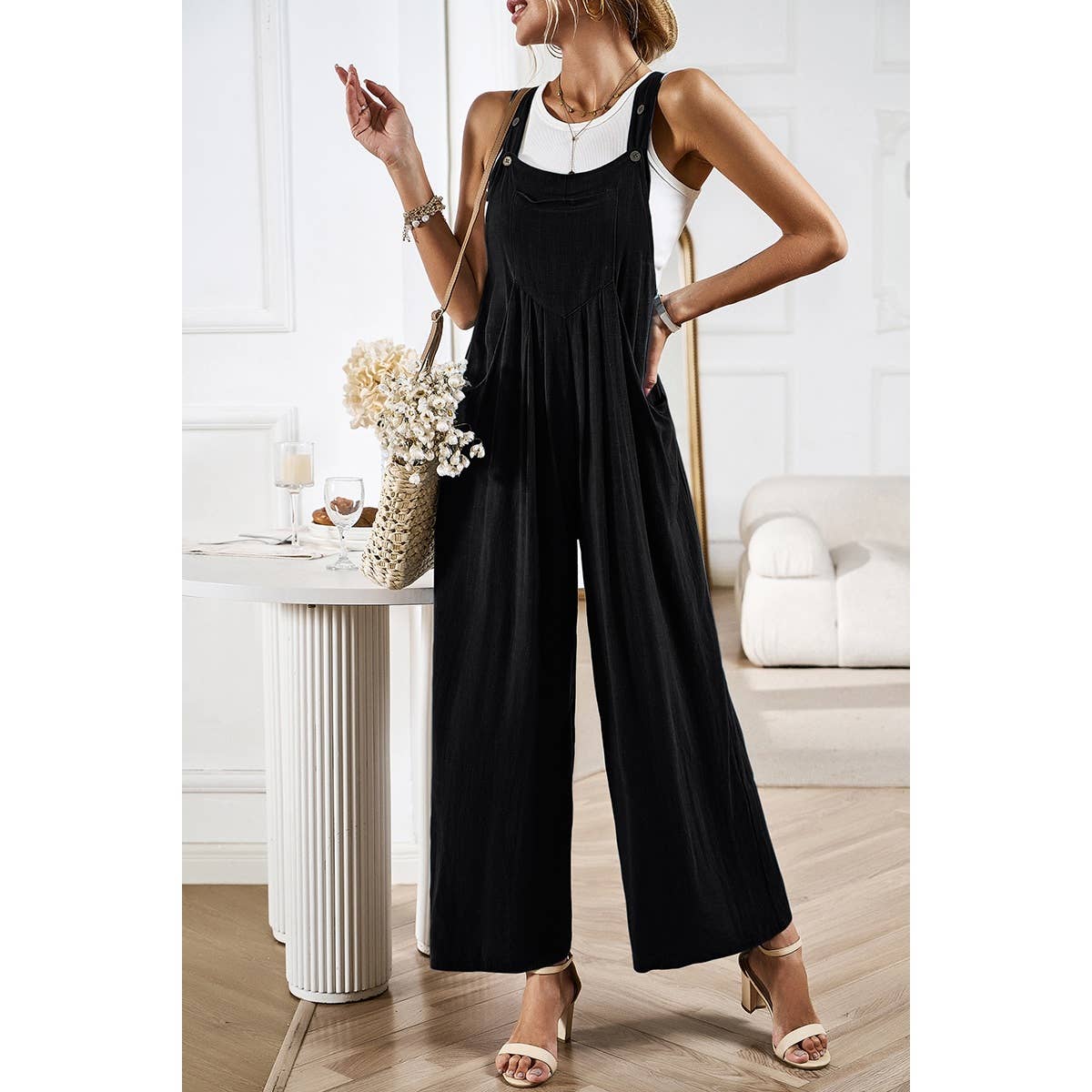 Solid Wide Leg Pocketed Shoulder Tie Overalls