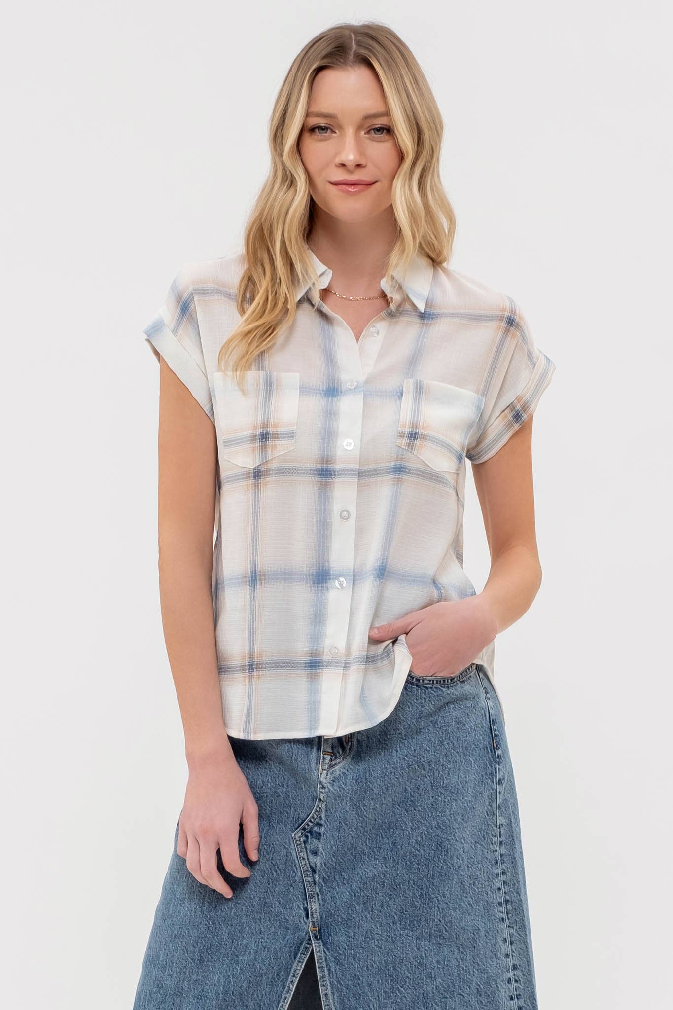 PLAID BUTTON DOWN COLLARED SHORT FOLD SLEEVE SHIRT