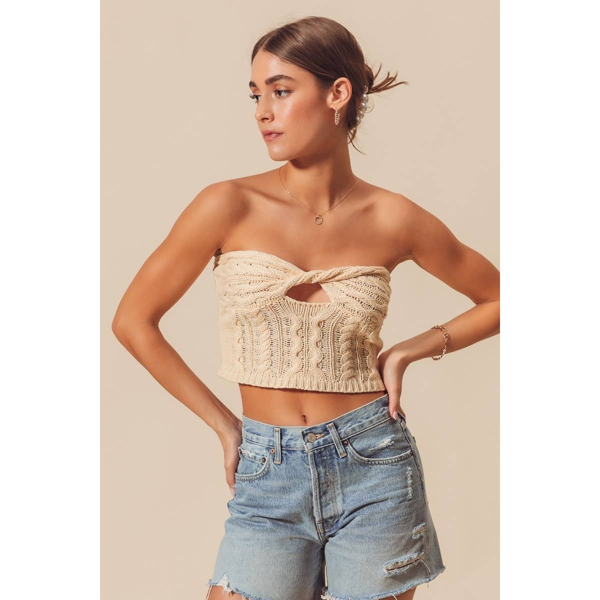 TWISTED FRONT CABLE KNIT CROCHET SUMMER TUBE TOP