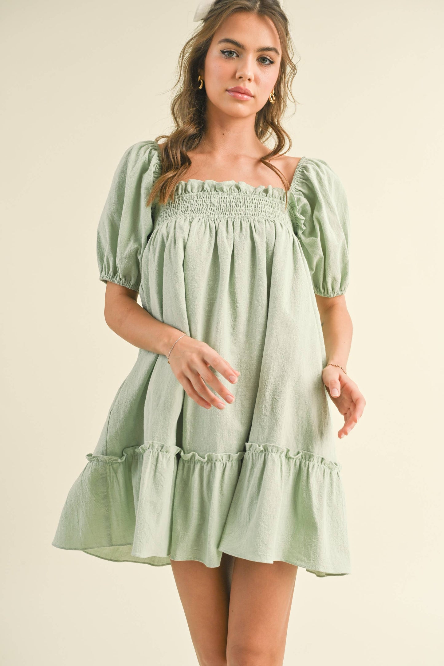 ID7048 PUFF SLEEVE SMOCKING BABY DOLL DRESS