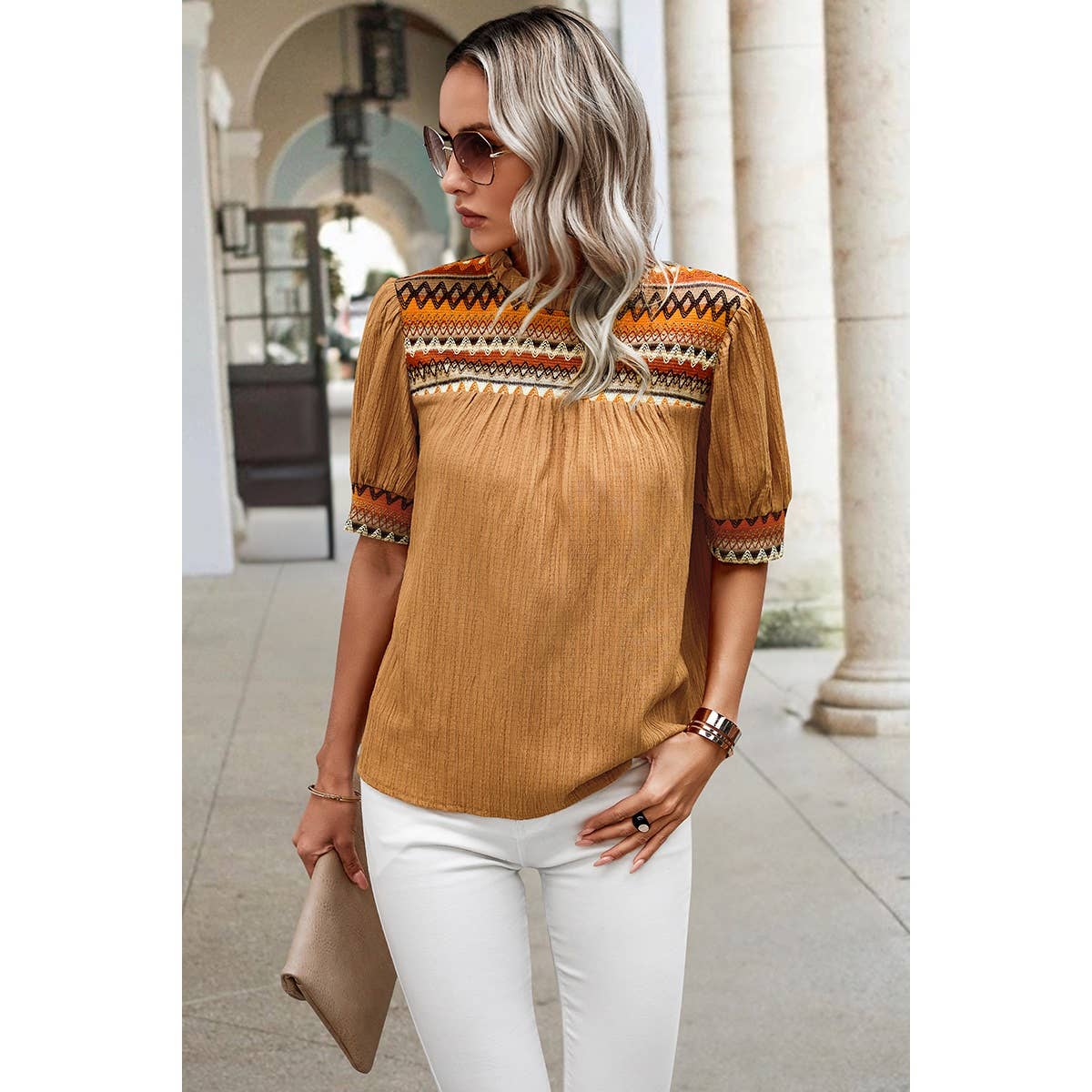 Strip Ruched Color Block Puff Sleeves Top