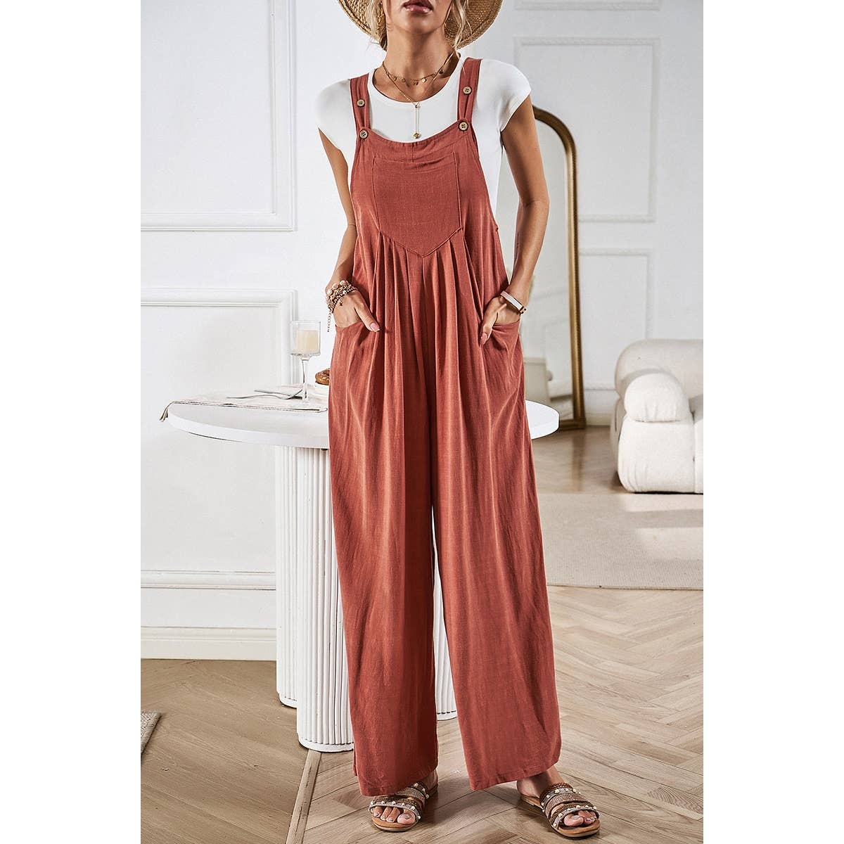 Solid Wide Leg Pocketed Shoulder Tie Overalls