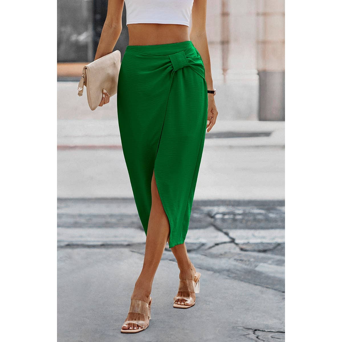 Solid Wrap Cross Self Belt Skirt