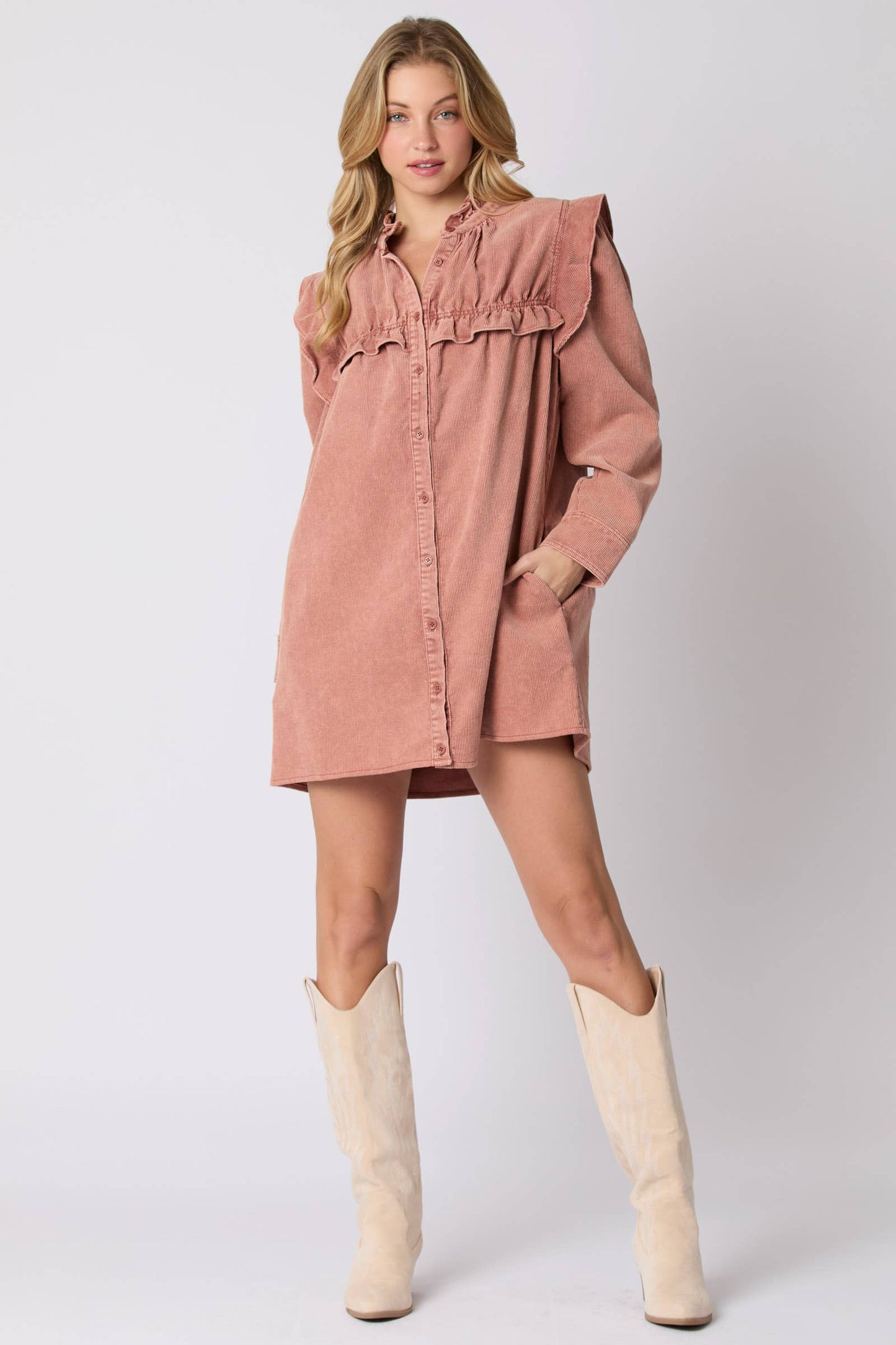 Mineral Washed Corduroy Ruffle Detail Dress - Preorders