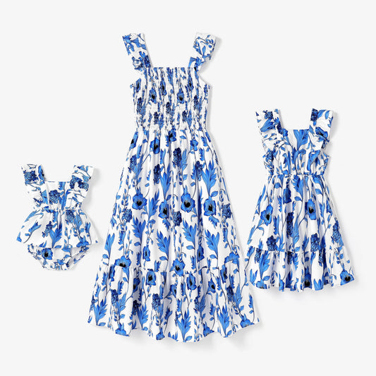 Mommy and Me Blue Floral Shirred Top Ruffle Hem Strap Dress