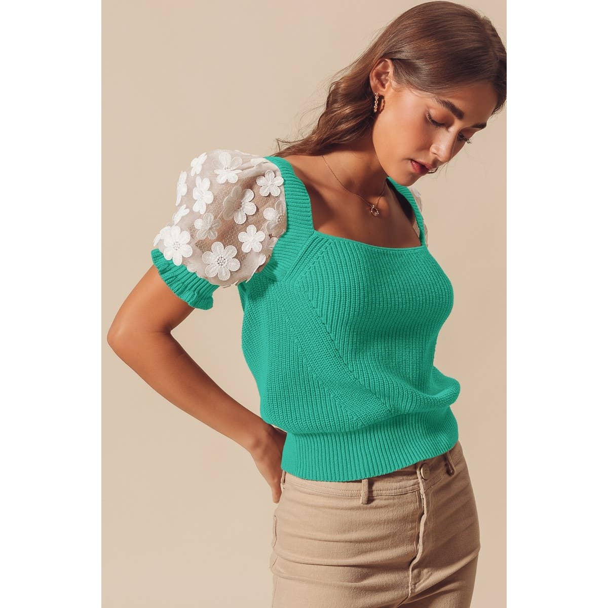 FLORAL LACE PUFF SLEEVE SQUARE NECK KNIT SWEATER