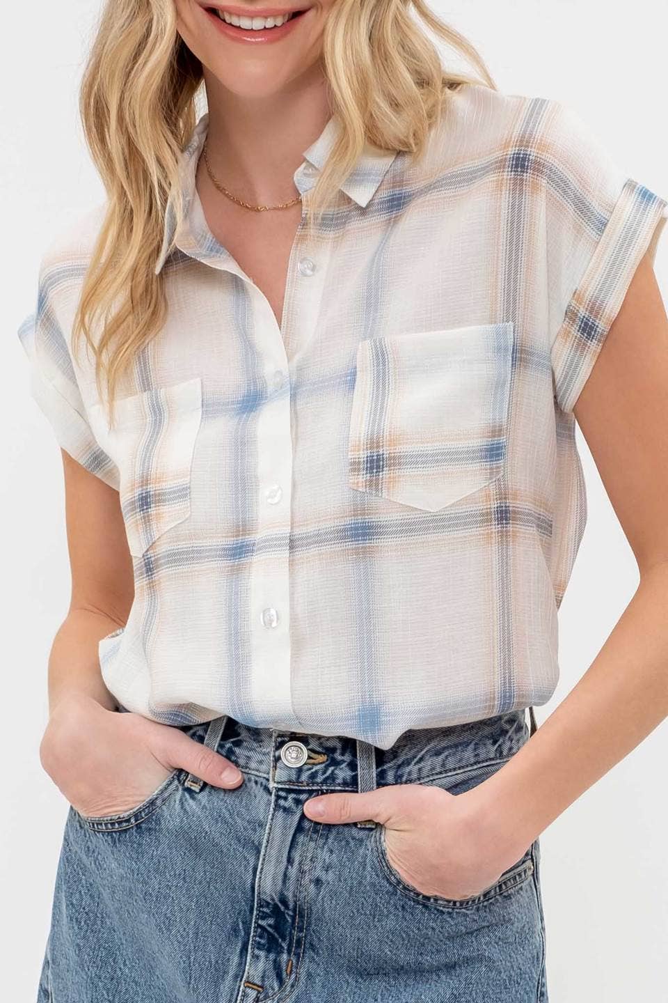 PLAID BUTTON DOWN COLLARED SHORT FOLD SLEEVE SHIRT