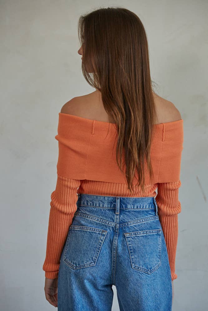 W1695 | Knit Sweater Ribbed Foldover Off The Shoulder Top