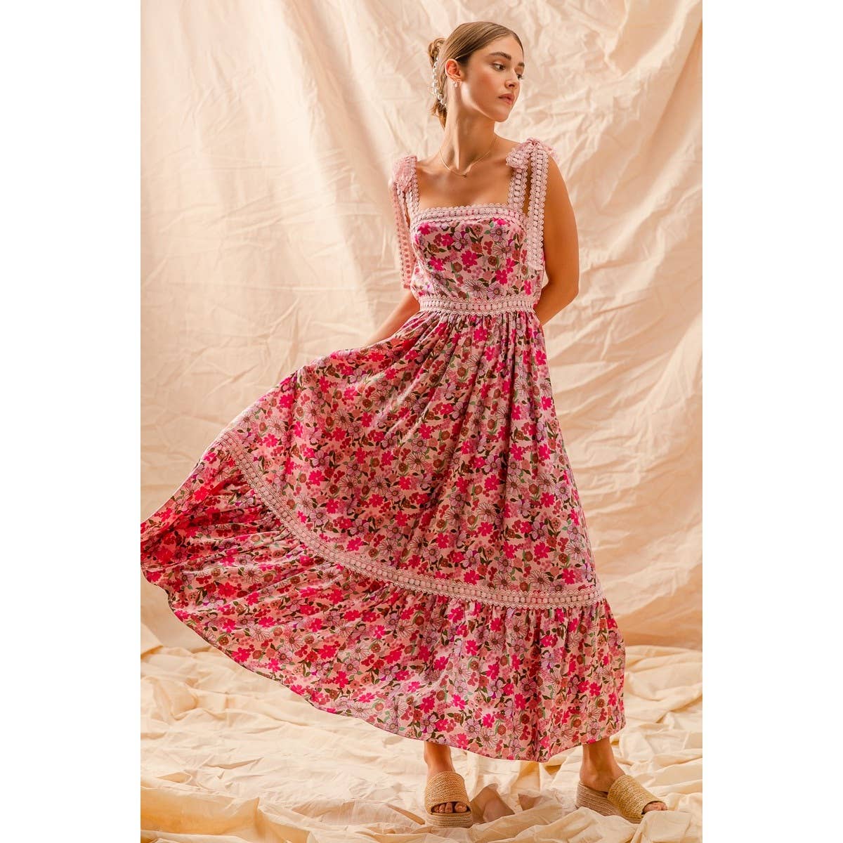 FLORAL MAXI DRESS WITH RIBBON TIE LACE STRAP