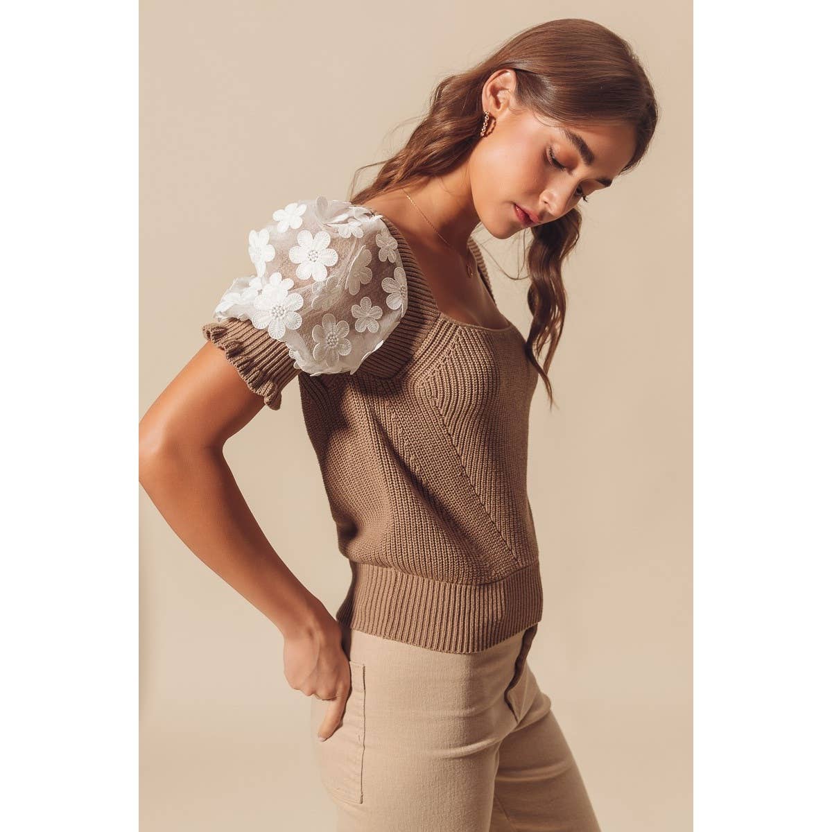 FLORAL LACE PUFF SLEEVE SQUARE NECK KNIT SWEATER