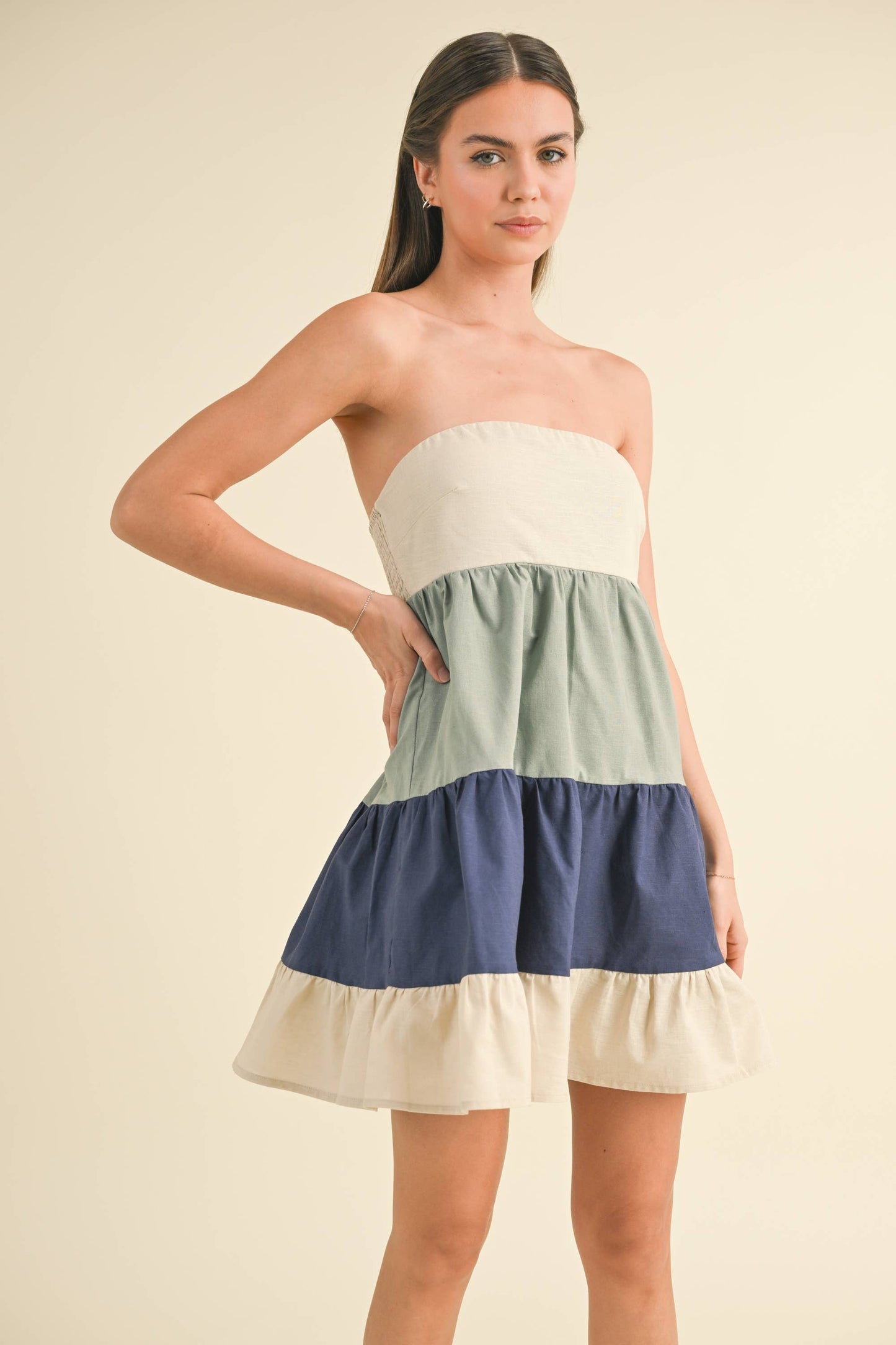 ID8180 POPLIN COLORBLOCK TUBE MINI DRESS WITH SMOCKING