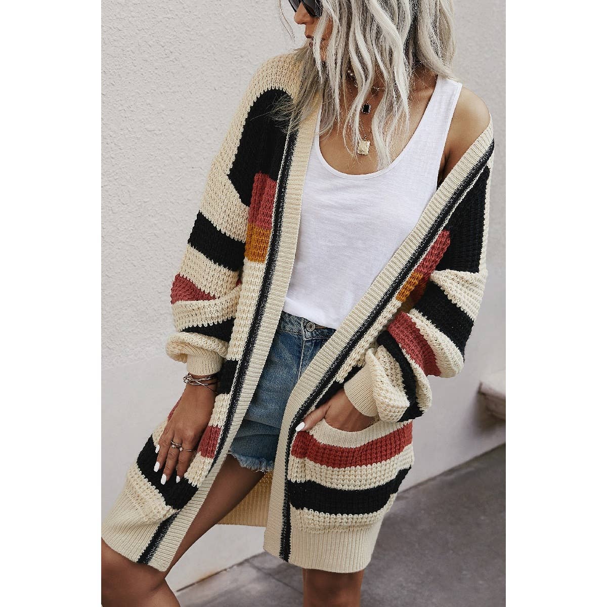 Knit Strip Long Sleeves Cardigan