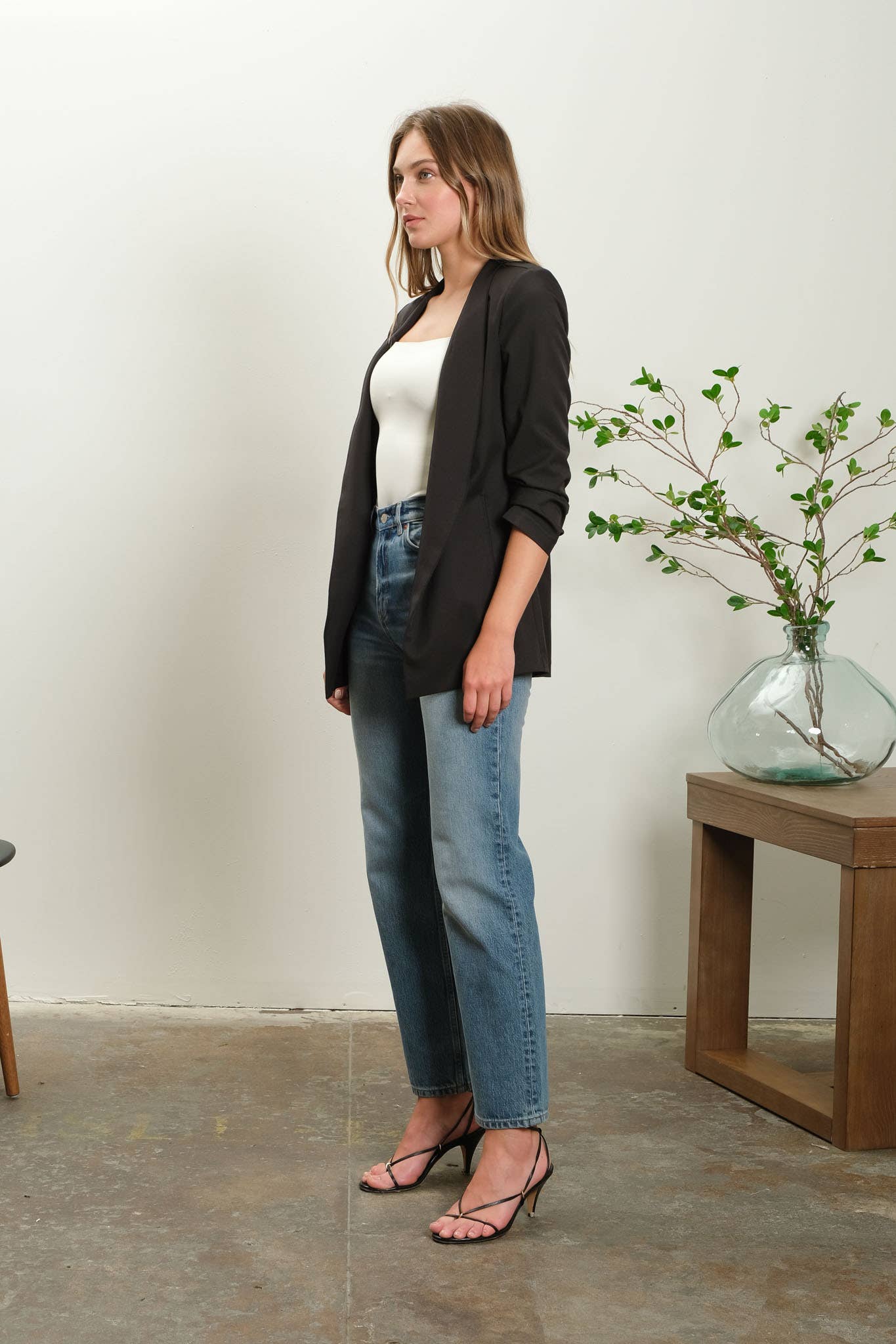 COLLARLESS 3/4 RUCHED SLEEVE LONGLINE BLAZER