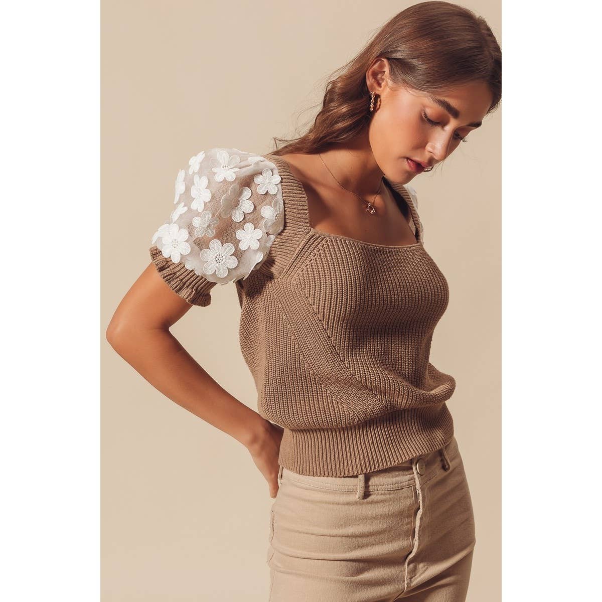 FLORAL LACE PUFF SLEEVE SQUARE NECK KNIT SWEATER